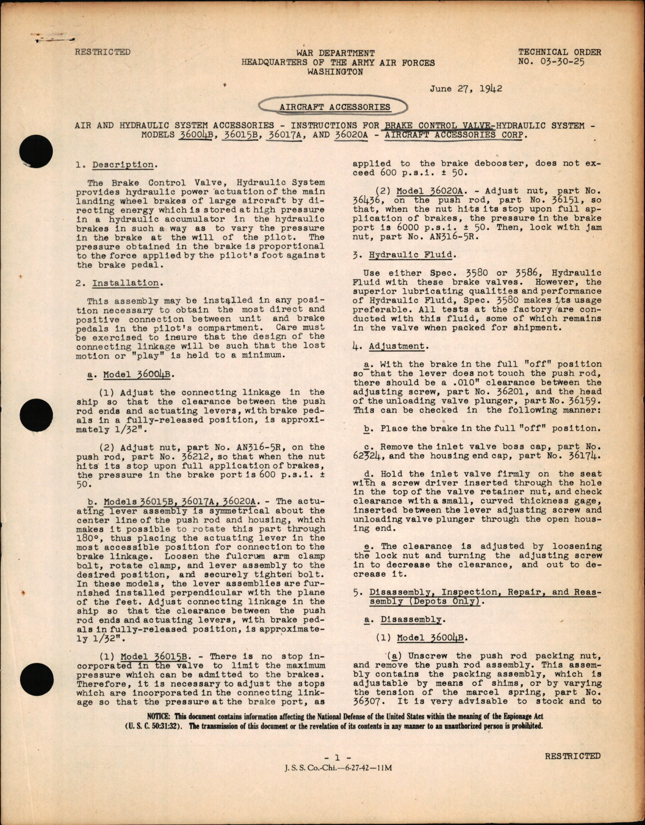 Sample page 1 from AirCorps Library document: Instructions for Brake Control Valve Models 36004B, 36015B, 36017A, and 36020A