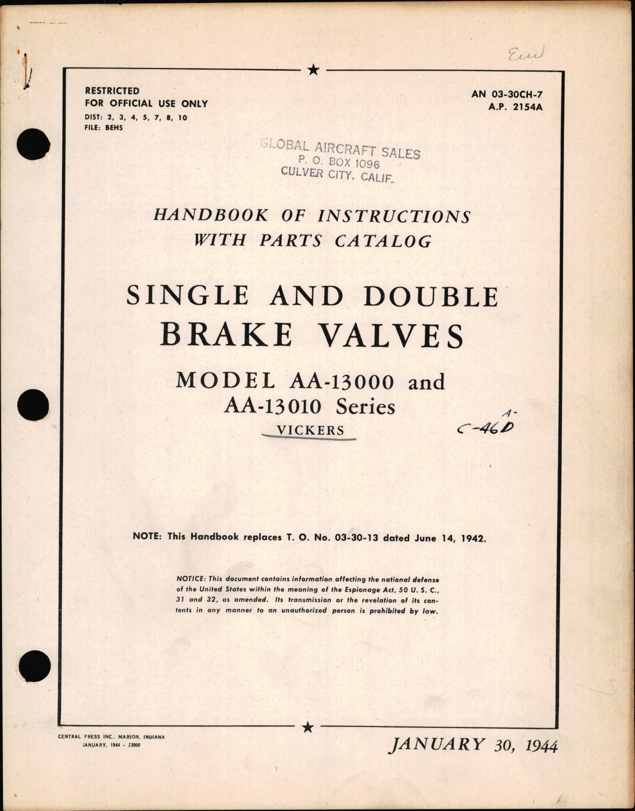 Sample page 1 from AirCorps Library document: Instructions with Parts Catalog for Single and Double Brake Valves Models AA-13000 and AA-13010