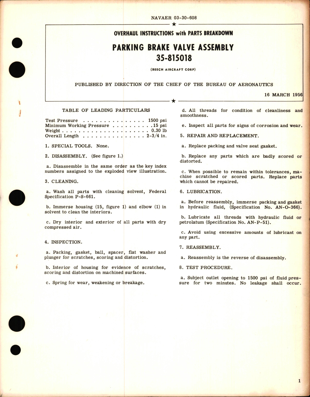 Sample page 1 from AirCorps Library document: Overhaul Instructions with Parts Breakdown for Parking Brake Valve Assembly 35-815018