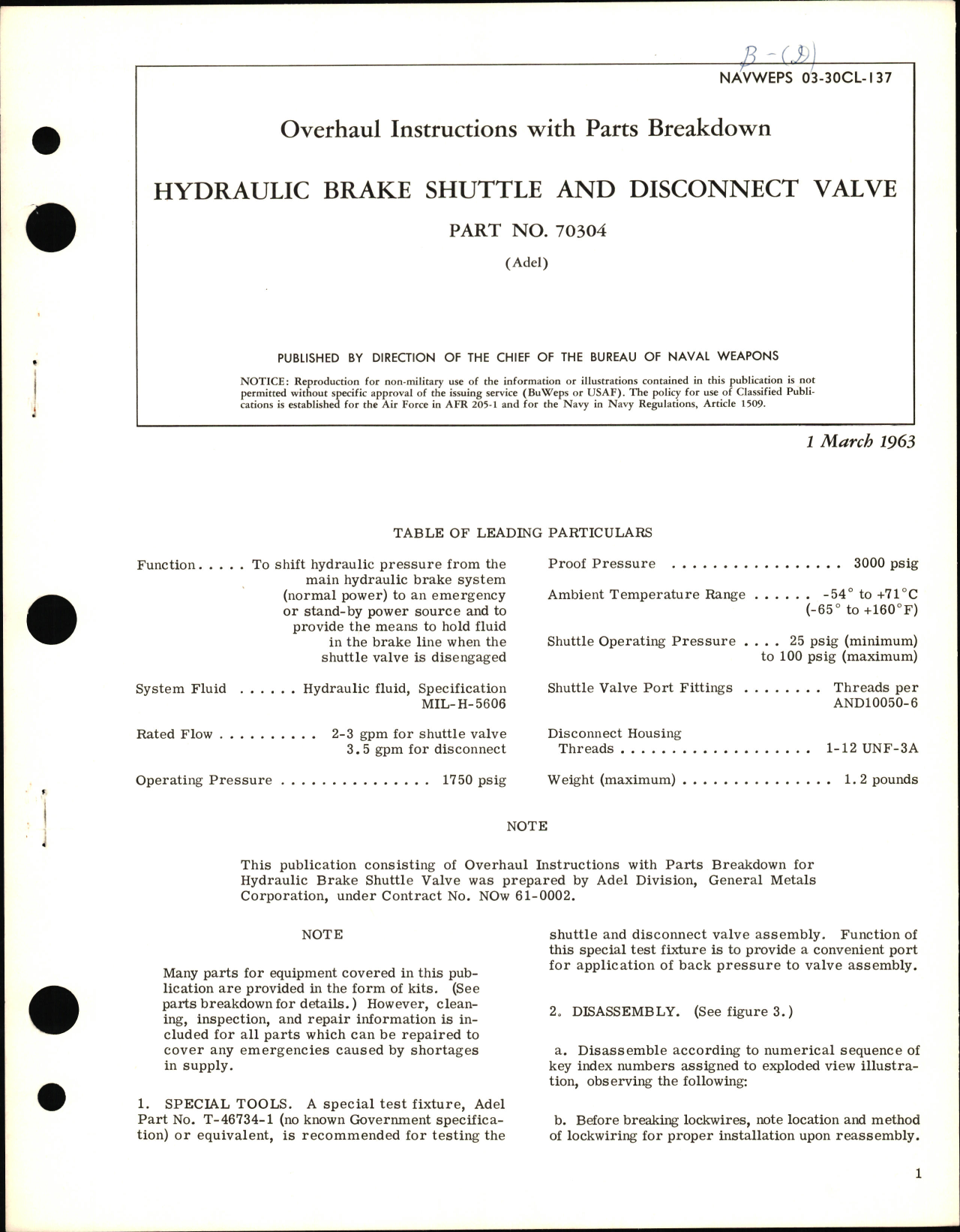 Sample page 1 from AirCorps Library document: Overhaul Instructions with Parts Breakdown for Hydraulic Brake Shuttle and Disconnect Valve PN 70304