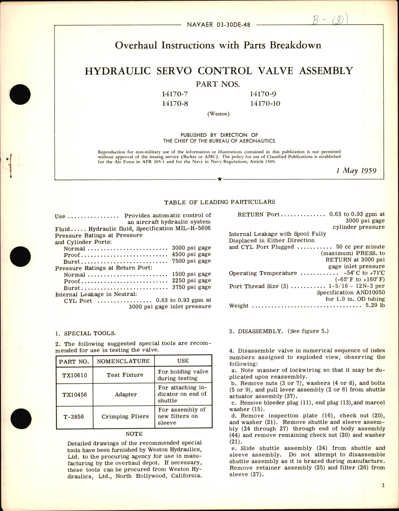 Sample page 1 from AirCorps Library document: Overhaul Instructions with Parts Breakdown for Hydraulic Servo Control Valve Assembly PN 14170-7, 14170-8, 14170-9, and 14170-10