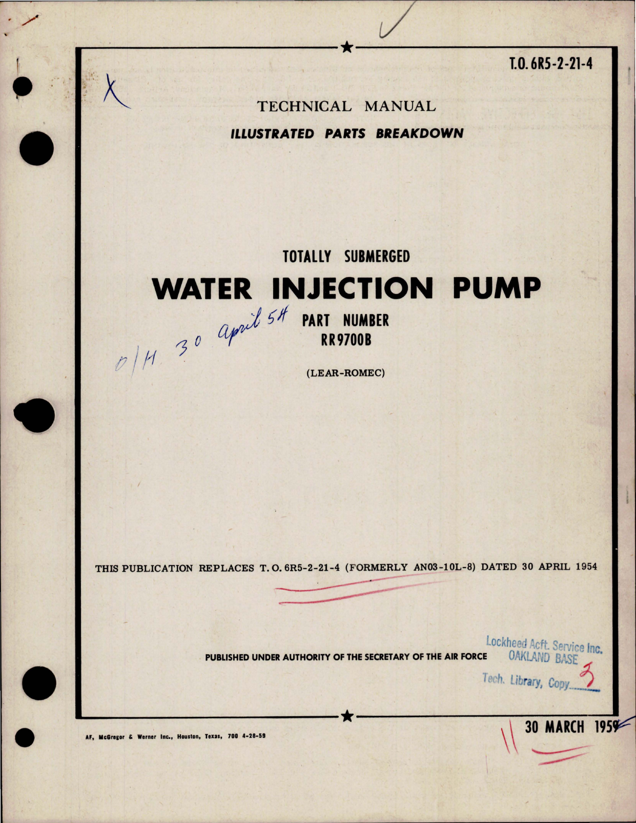 Sample page 1 from AirCorps Library document: Illustrated Parts Breakdown for Totally Submerged Water Injection Pump - Part RR9700B