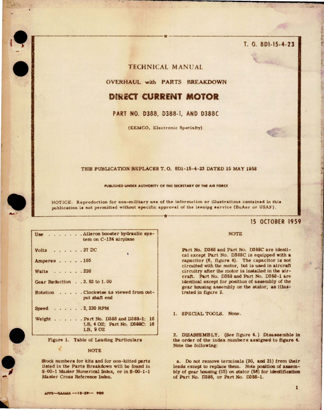 Sample page 1 from AirCorps Library document: Overhaul with Parts Breakdown for Direct Current Motor - Part D388, D388-1, D388C