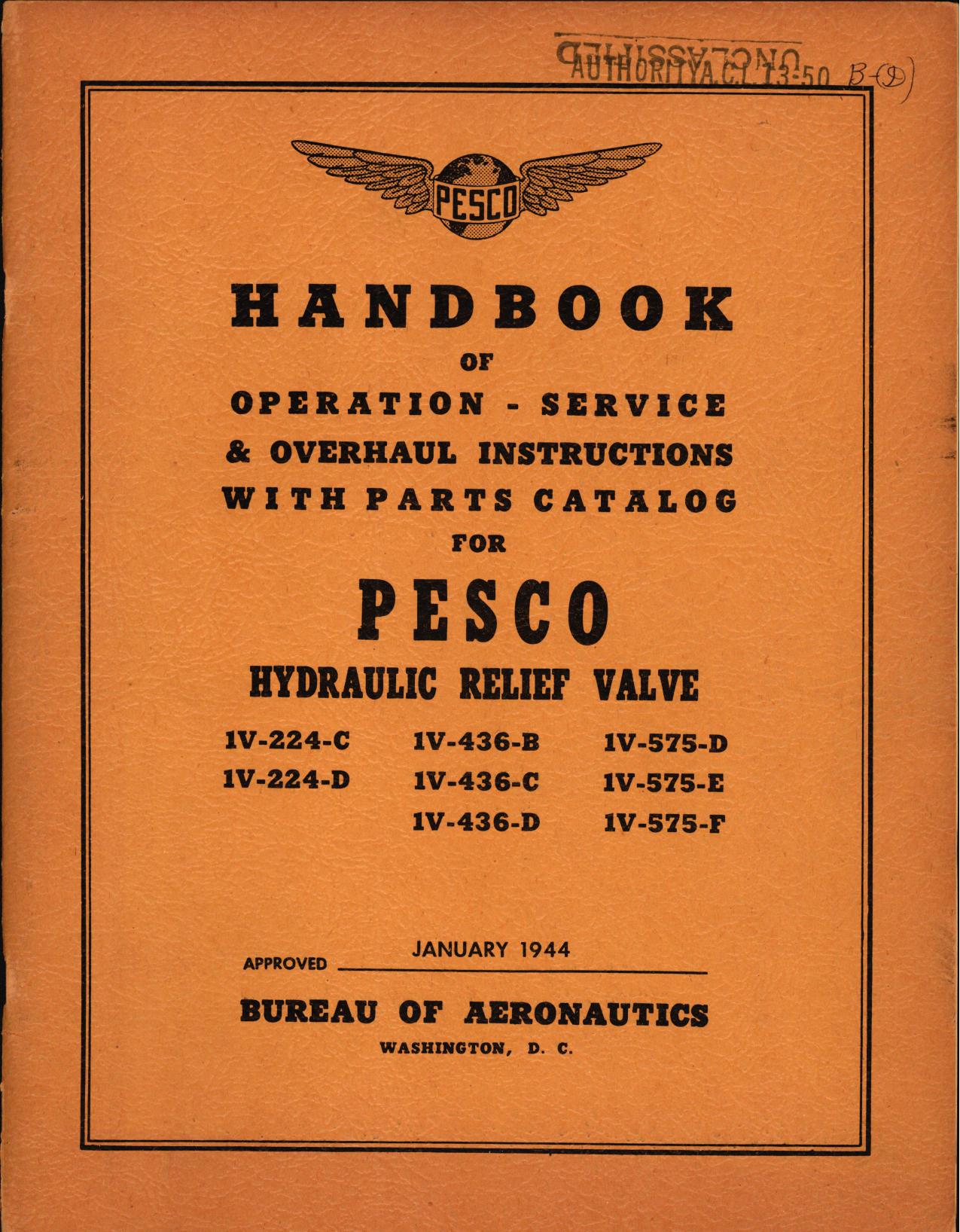 Sample page 1 from AirCorps Library document: Handbook of Instructions with Parts Catalog for Pesco Hydraulic Relief Valve 1V-224, 1V-436, and 1V-575