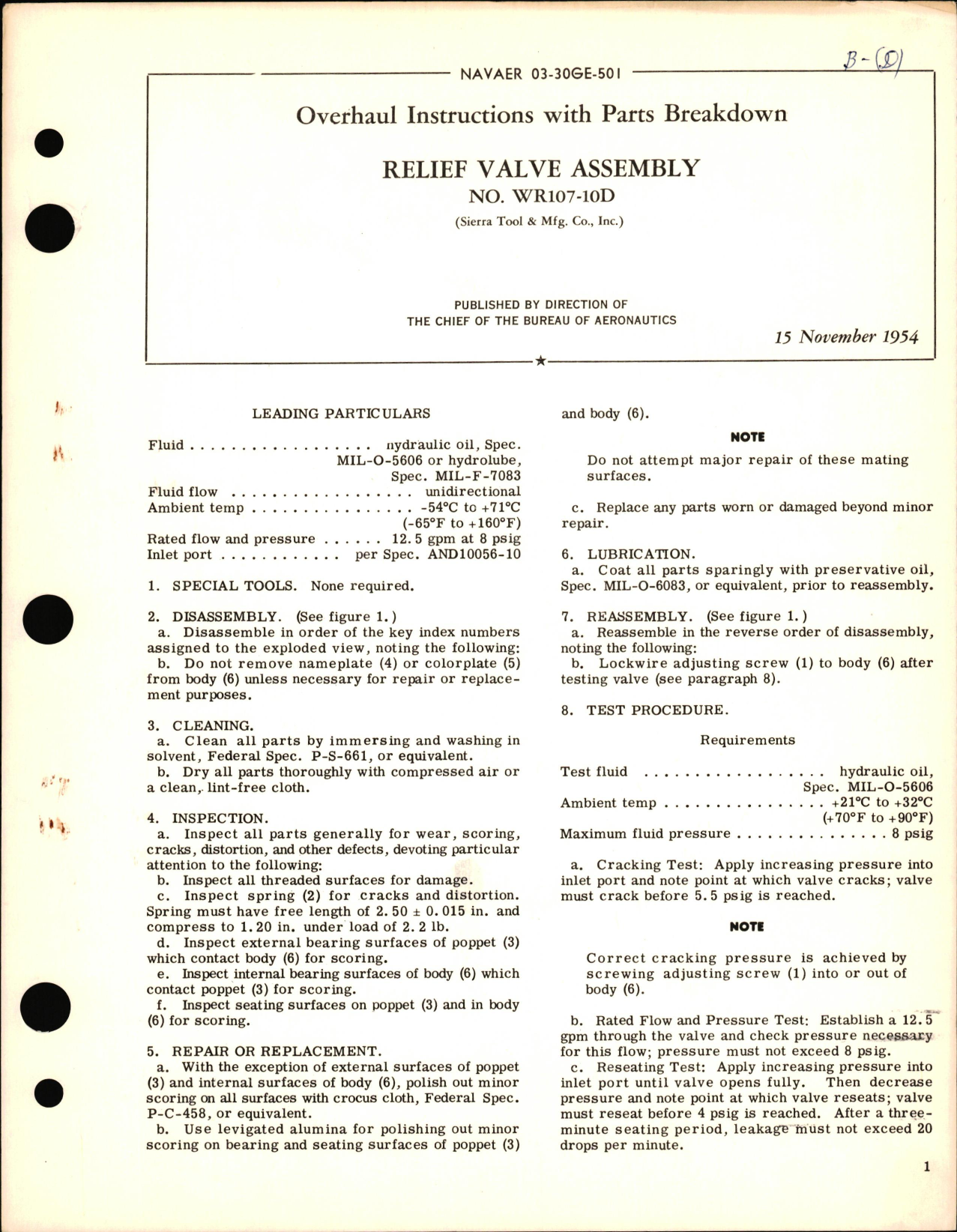 Sample page 1 from AirCorps Library document: Overhaul Instructions with Parts Breakdown for Relief Valve Assembly Part No. WR107-10D