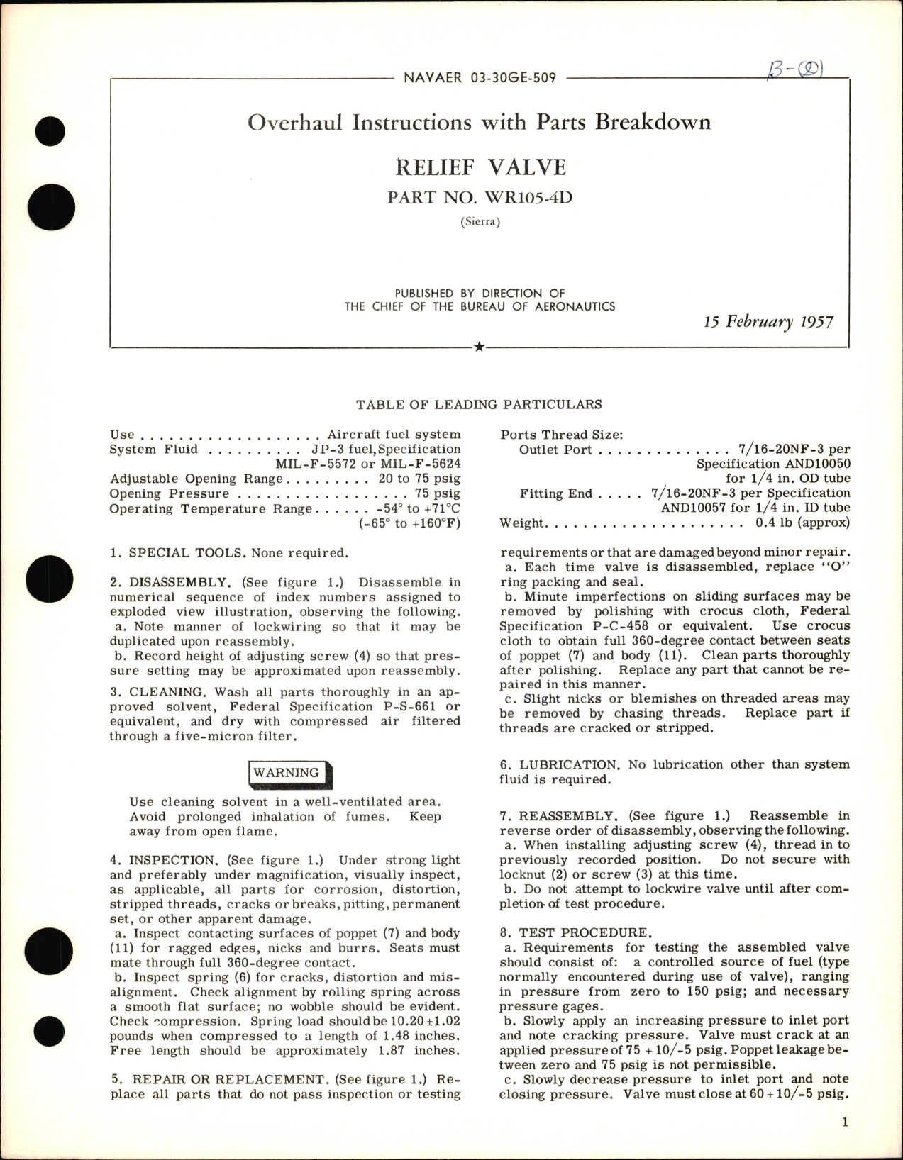 Sample page 1 from AirCorps Library document: Overhaul Instructions with Parts Breakdown for Relief Valve Part No. WR105-4D