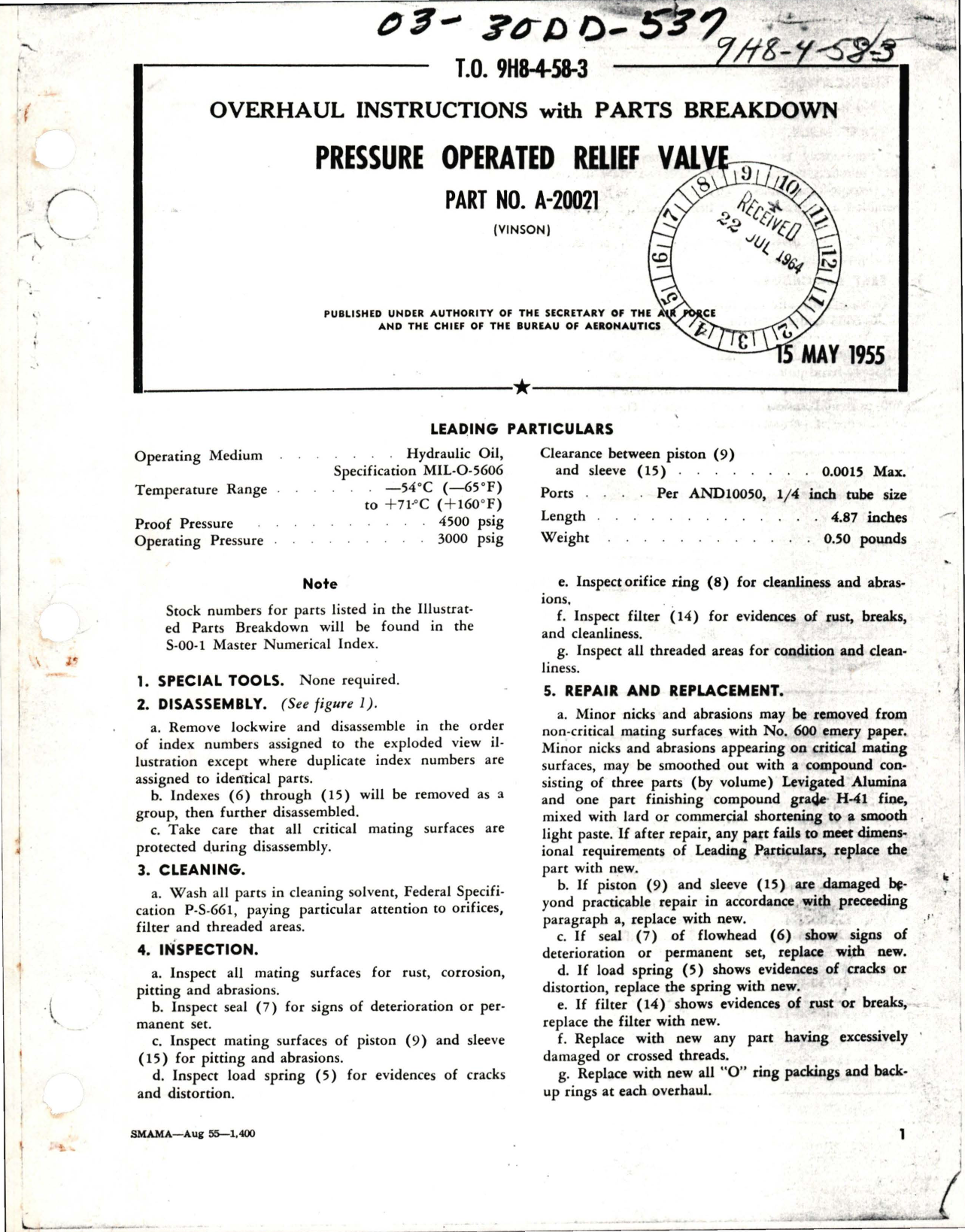 Sample page 1 from AirCorps Library document: Overhaul Instructions with Parts Breakdown for Pressure Operated Relief Valve - Part A-20021