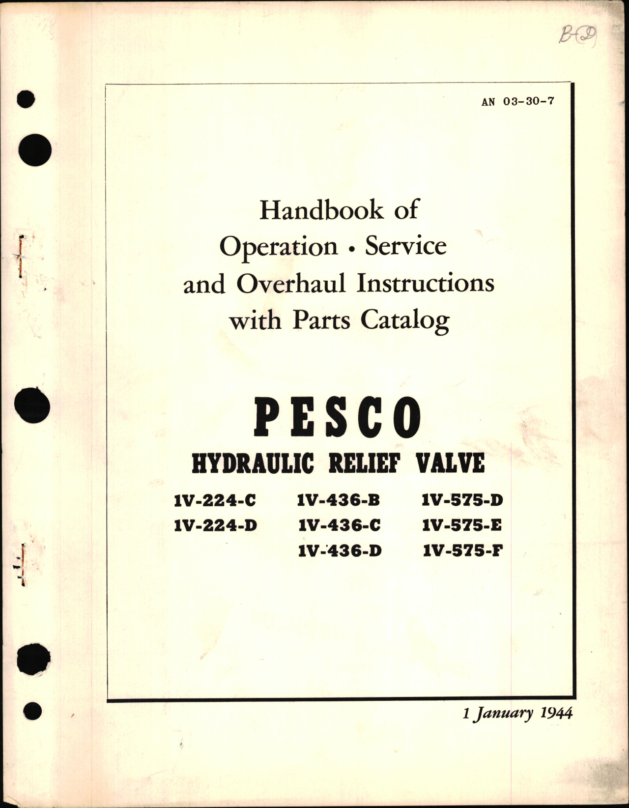 Sample page 1 from AirCorps Library document: Operation, Service, & Overhaul Instructions with Parts Catalog for Pesco Hydraulic Relief Valve
