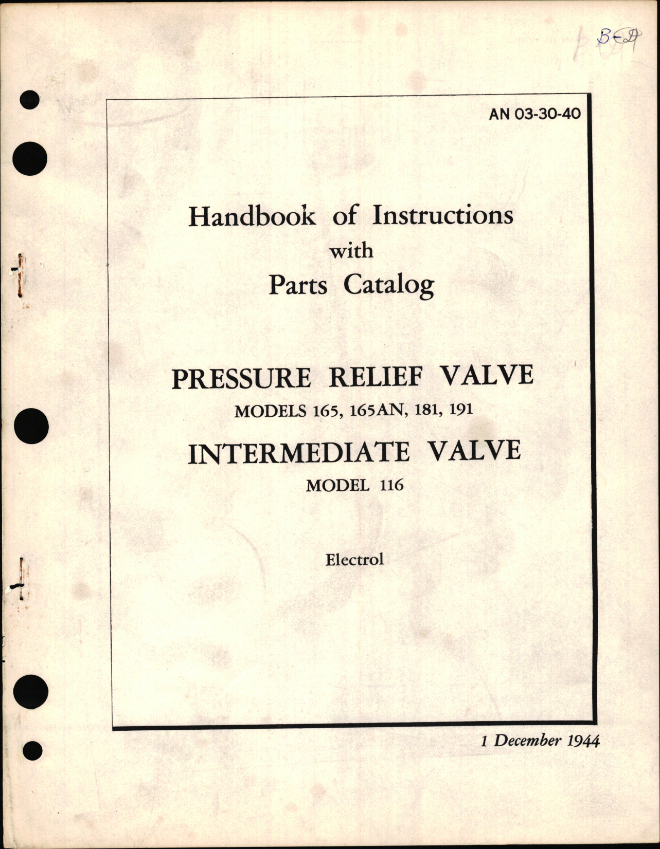 Sample page 1 from AirCorps Library document: Instructions with Parts Catalog for Pressure Relief and Intermediate Valve