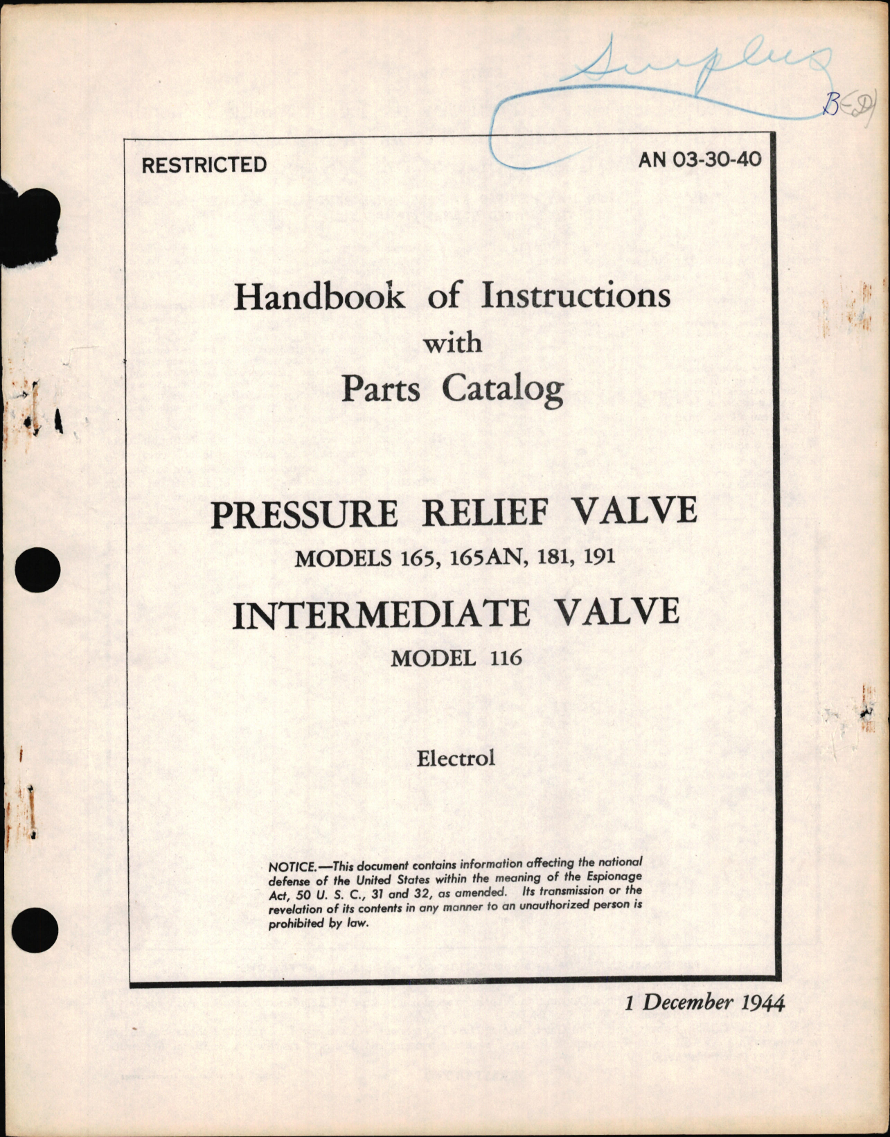 Sample page 1 from AirCorps Library document: Instructions with Parts Catalog for Pressure Relief and Intermediate Valve