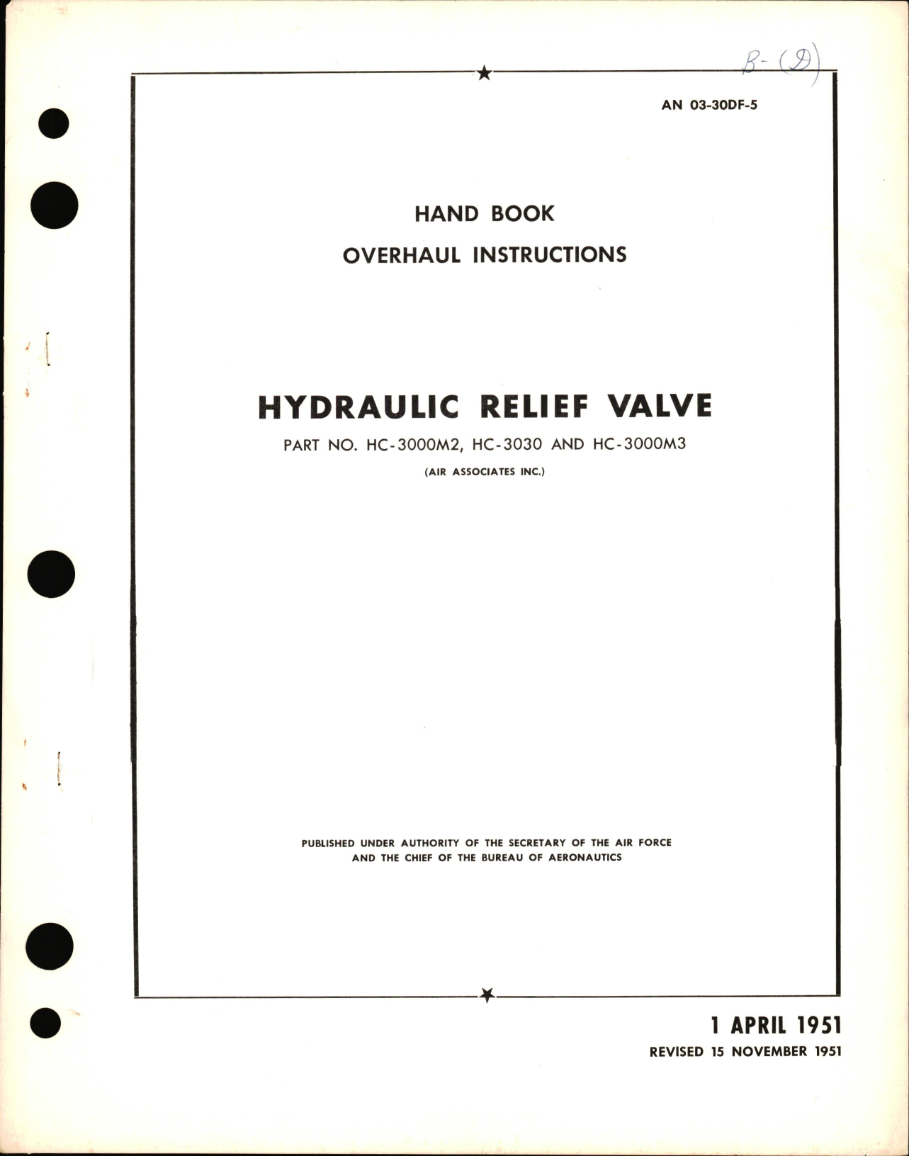 Sample page 1 from AirCorps Library document: Overhaul Instructions for Hydraulic Relief Valve Part Nos. HC-3000M2, HC-3030, & HC-3000M3