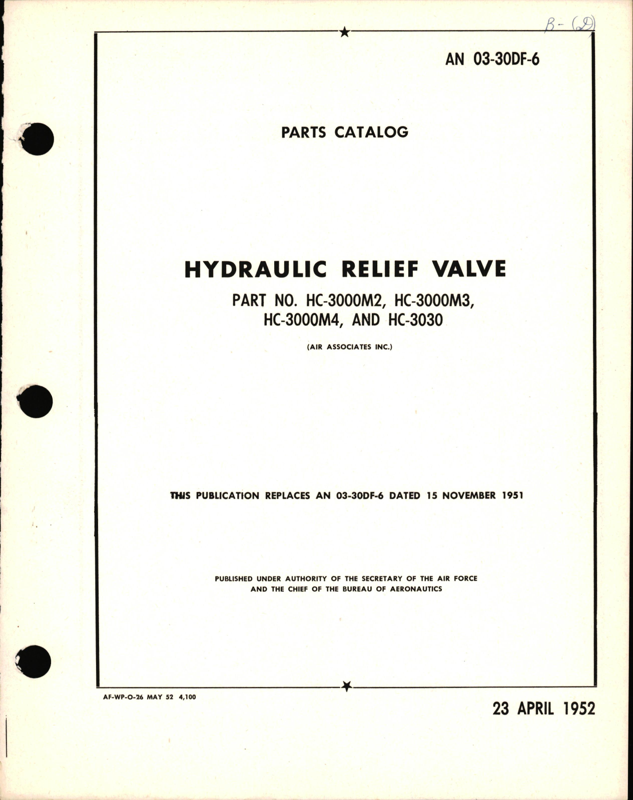 Sample page 1 from AirCorps Library document: Parts Catalog for Hydraulic Relief Valve Part Nos. HC-3000M2, HC-3000M3, HC-3000M4, & HC-3030
