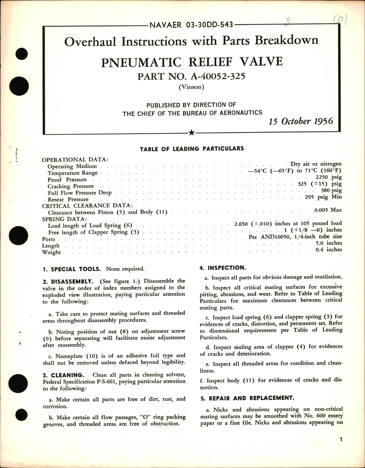 Sample page 1 from AirCorps Library document: Overhaul Instructions with Parts Breakdown for Pneumatic Relief Valve PN A-40052-325