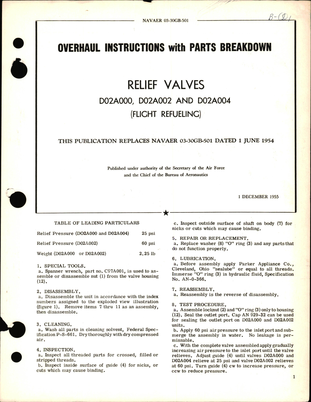Sample page 1 from AirCorps Library document: Overhaul Instructions with Parts Breakdown for Relief Valves D02A000, D02A002, D02A004