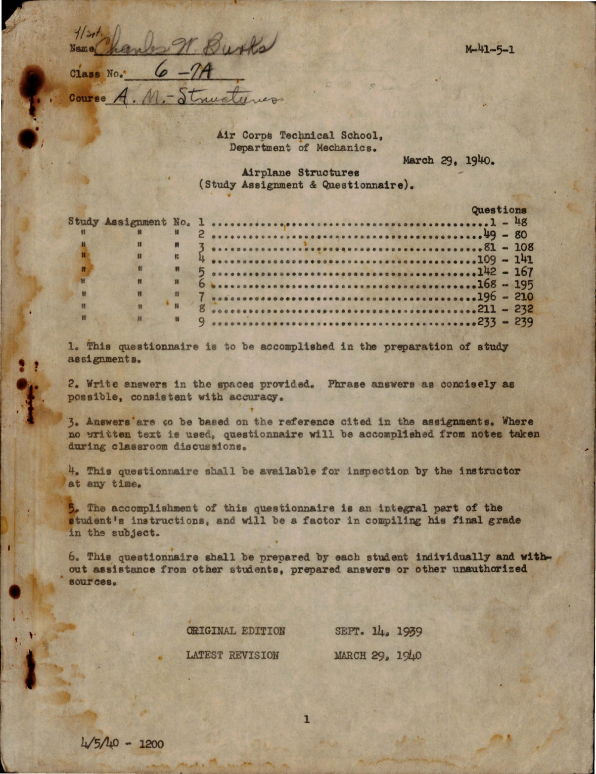 Sample page 1 from AirCorps Library document: Study Assignment & Questionnaire for Airplane Structures