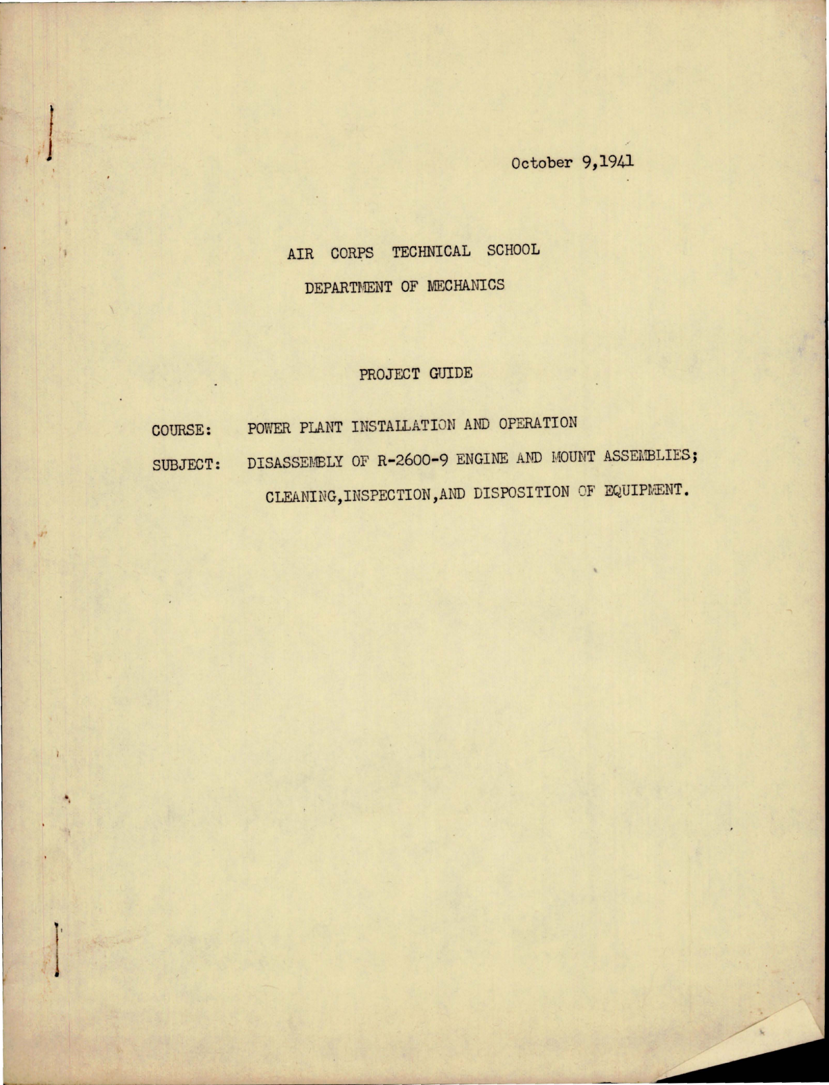 Sample page 1 from AirCorps Library document: Project Guide for Power Plant Installation and Operation  - Disassembly of R-2600-9 Engine and Mount Assemblies