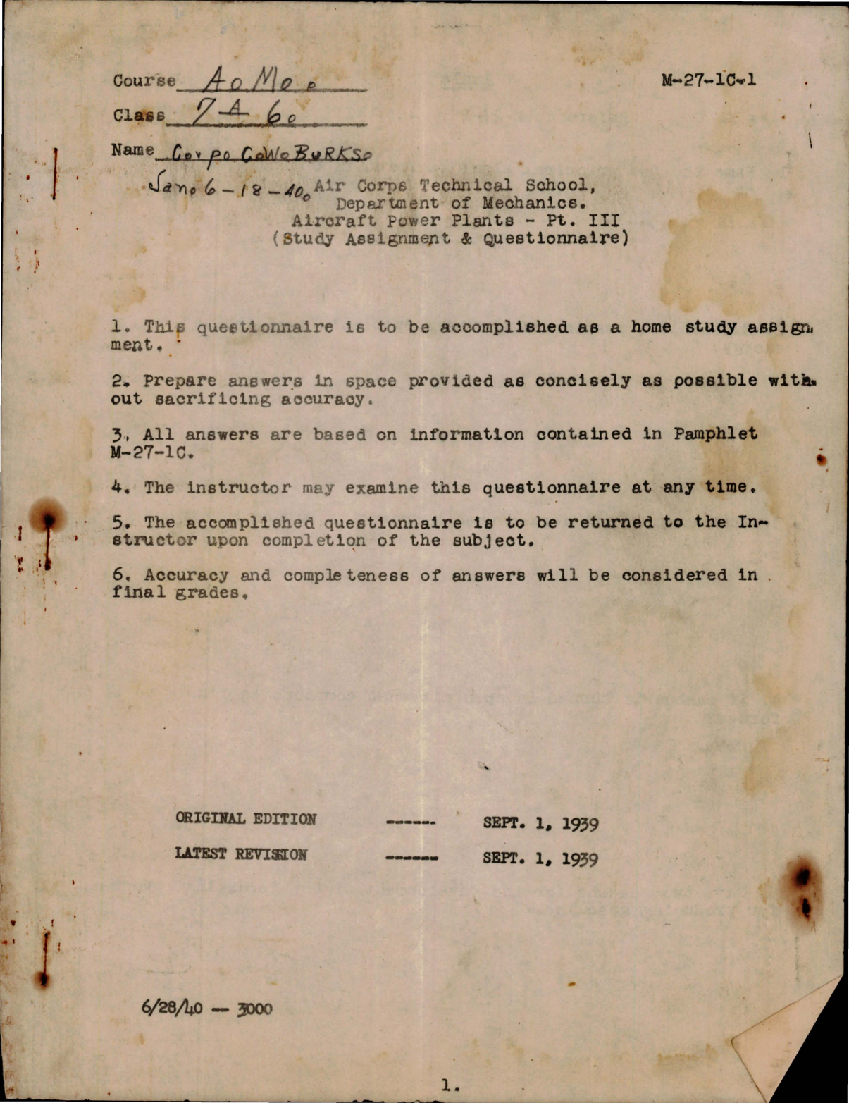 Sample page 1 from AirCorps Library document: Study Assignment and Questionnaire for Aircraft Power Plants - Pt III