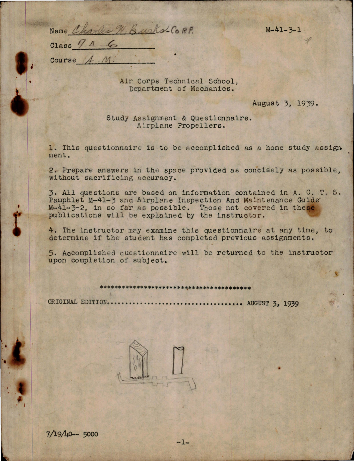 Sample page 1 from AirCorps Library document: Study Assignment & Questionnaire for Airplane Propellers