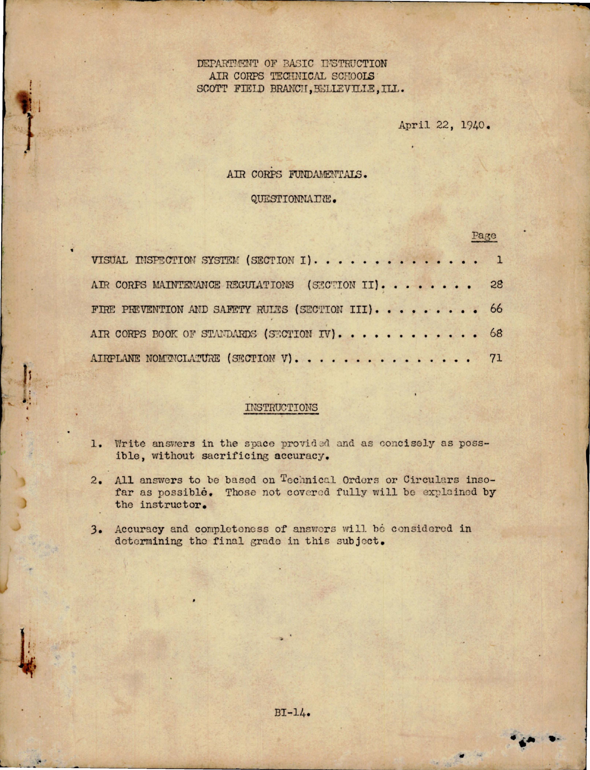 Sample page 1 from AirCorps Library document: Questionnaire for Air Corps Fundamentals