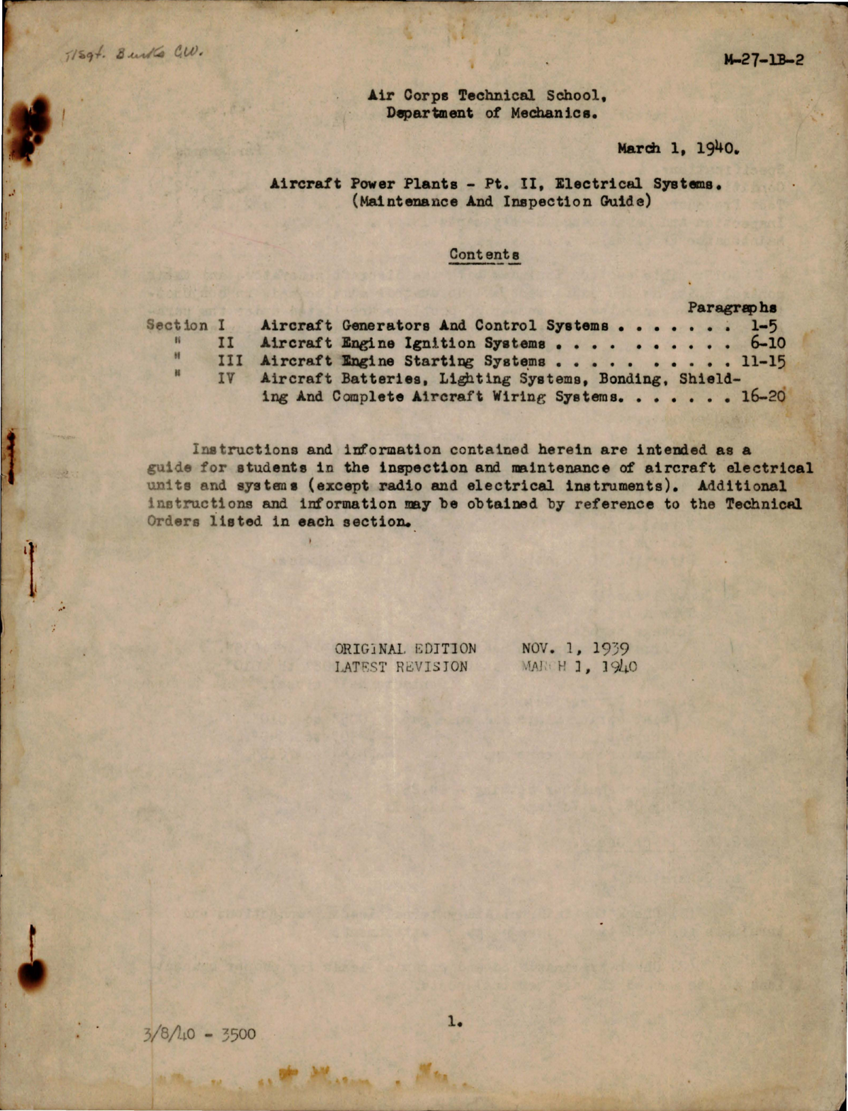 Sample page 1 from AirCorps Library document: Maintenance and Inspection Guide for Aircraft Power Plants - Pt. II Electrical Systems 