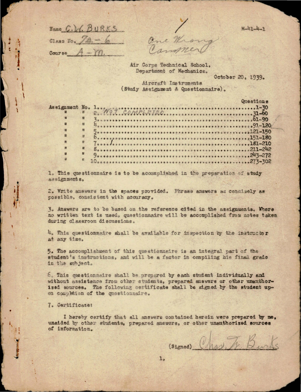 Sample page 1 from AirCorps Library document: Study Assignment & Questionnaire for Aircraft Instruments