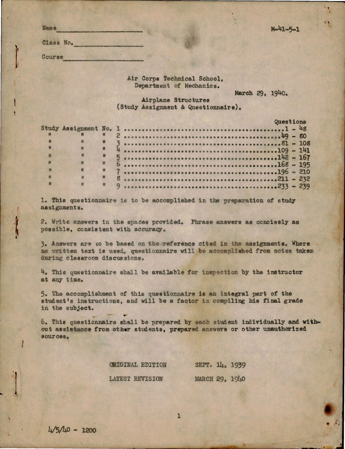 Sample page 1 from AirCorps Library document: Study Assignment & Questionnaire for Airplane Structures 