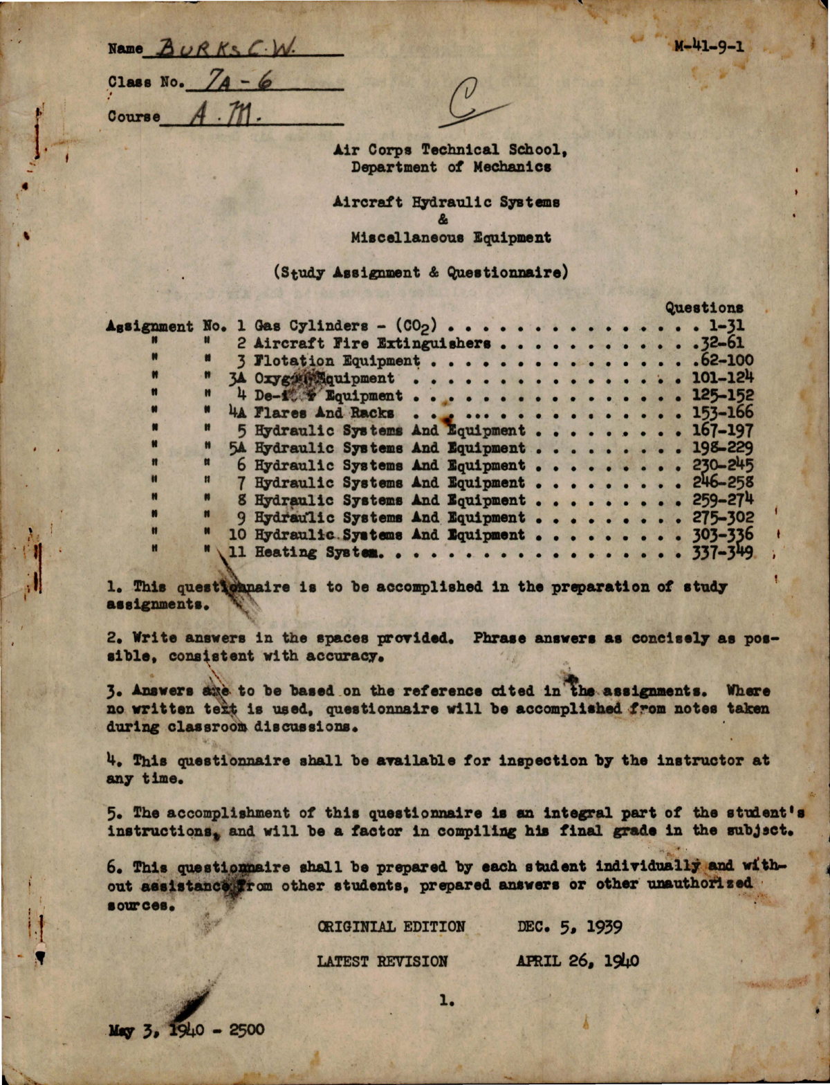 Sample page 1 from AirCorps Library document: Study Assignment & Questionnaire for Aircraft Hydraulic Systems & Misc Equipment