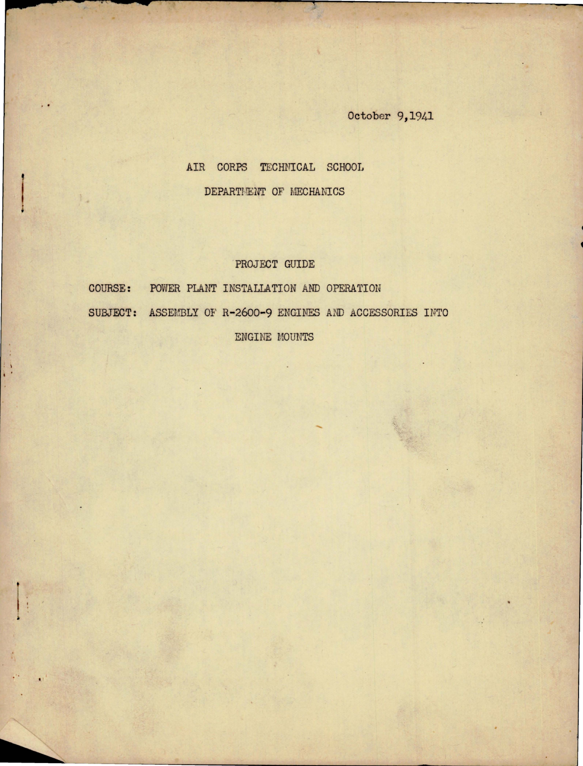 Sample page 1 from AirCorps Library document: Project Guide for Power Plant Installation and Operation for Assembly of R-2600-9 Engines and Accessories into Engine Mounts