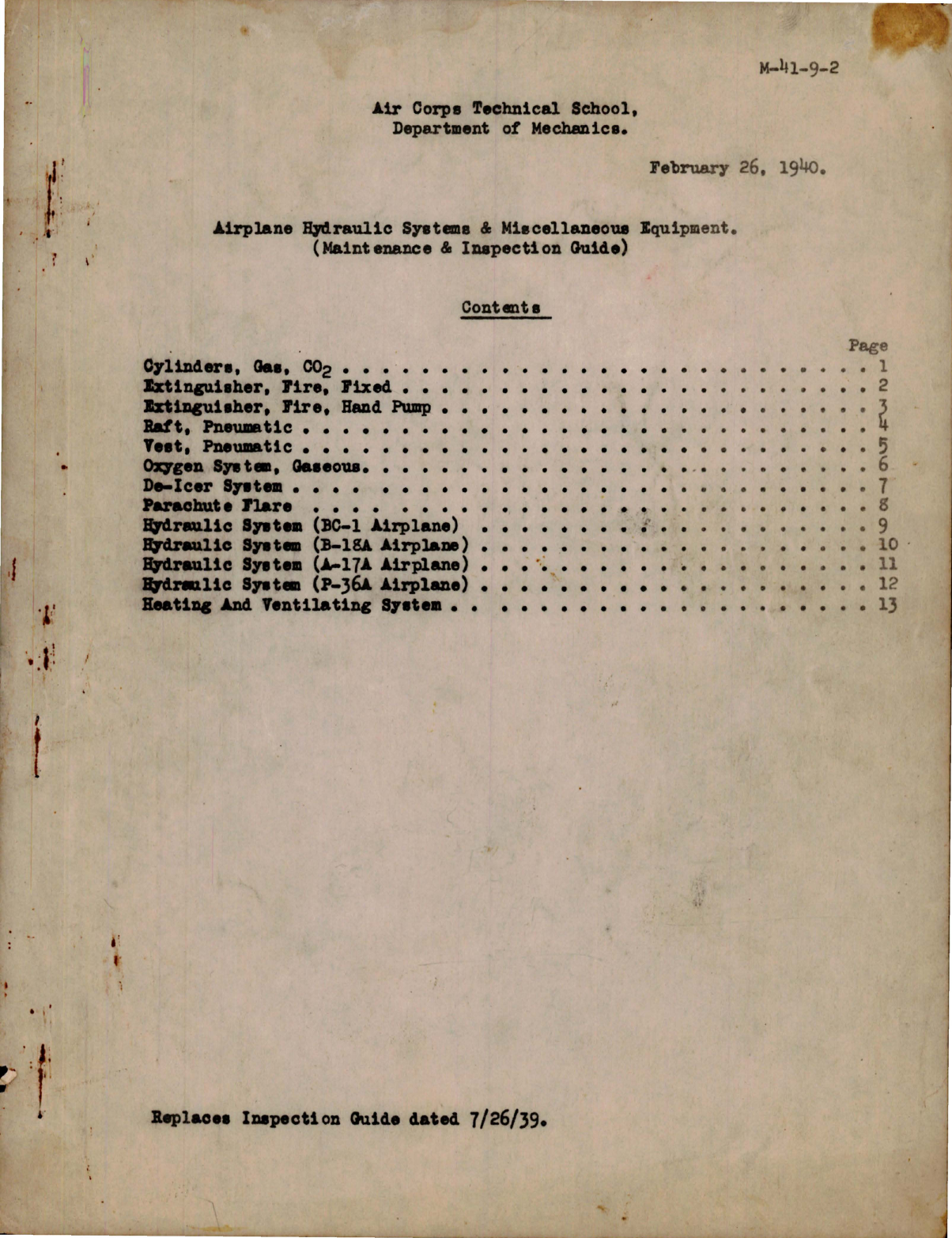 Sample page 1 from AirCorps Library document: Air Corps Technical Schools - Maintenance and Inspection Guide - Hydraulic Systems & Miscellaneous Equipment