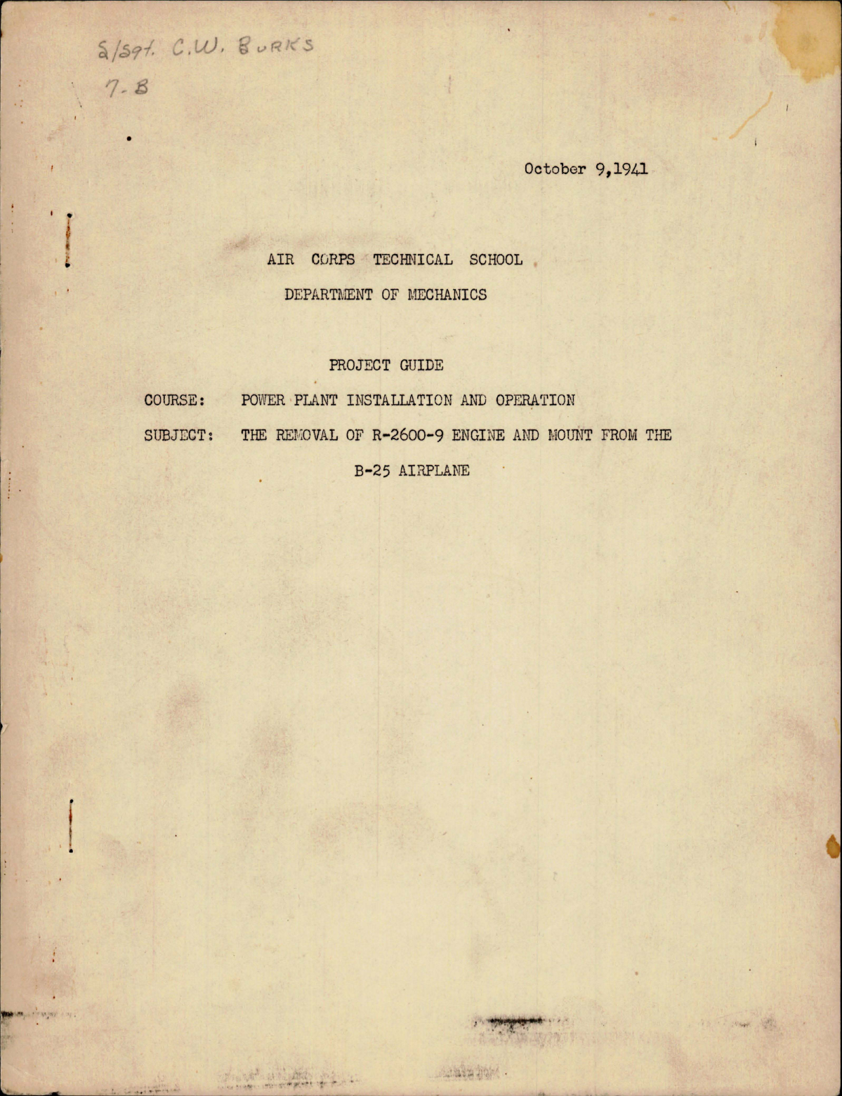 Sample page 1 from AirCorps Library document: Project Guide for Power Plant Installation and Operation for Removal of R-2600-9 from B-25 