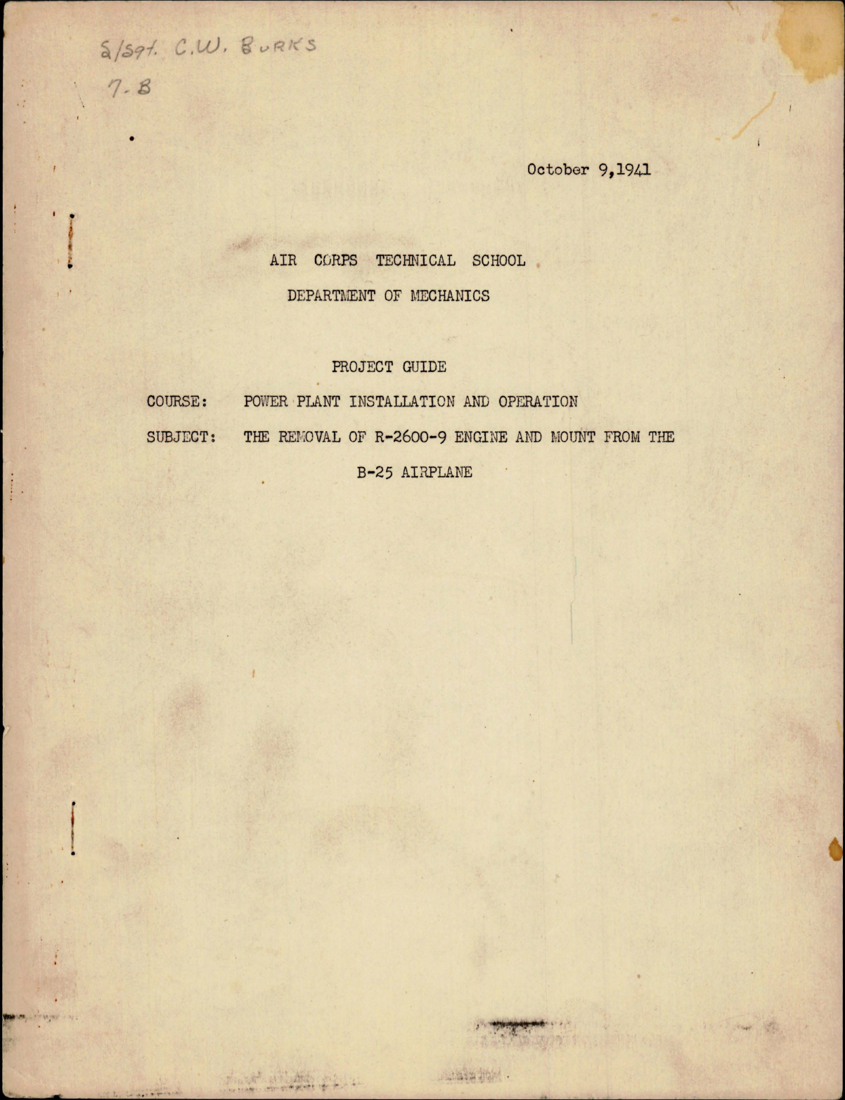 Sample page 1 from AirCorps Library document: Project Guide for Power Plant Installation and Operation for Removal of R-2600-9 Engine and Mount from the B-25 