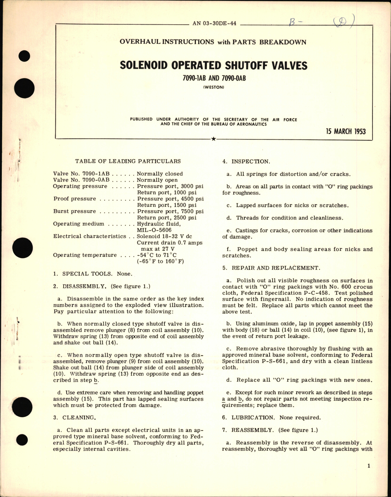 Sample page 1 from AirCorps Library document: Overhaul Instructions with Parts Breakdown for Solenoid Operated Shutoff Valves PN 7090-1AB and 7090-0AB
