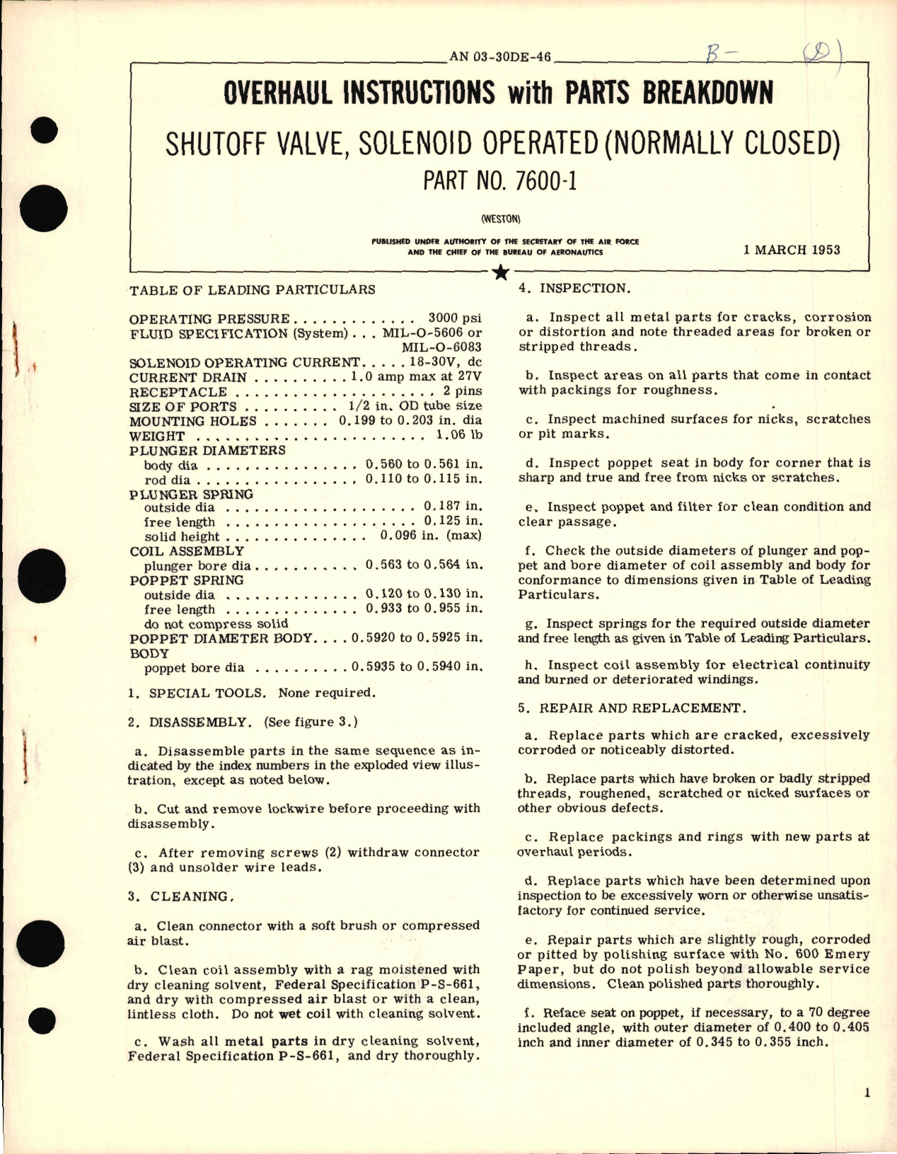 Sample page 1 from AirCorps Library document: Overhaul Instructions with Parts Breakdown for Shutoff Valve, Solenoid Operated (Normally Closed) PN 7600-1