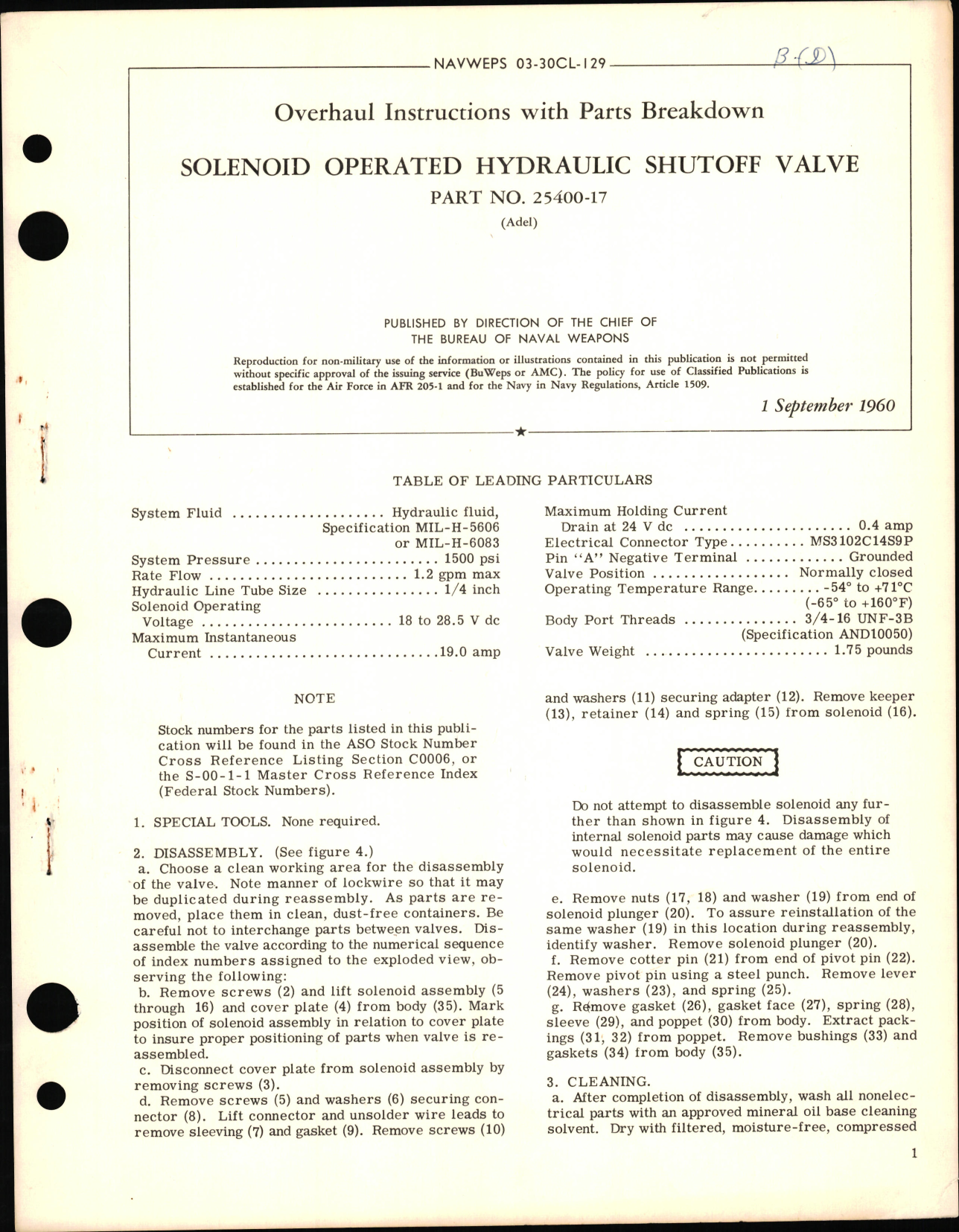 Sample page 1 from AirCorps Library document: Overhaul Instructions with Parts Breakdown for Solenoid Operated Hydraulic Shutoff Valve PN 25400-17