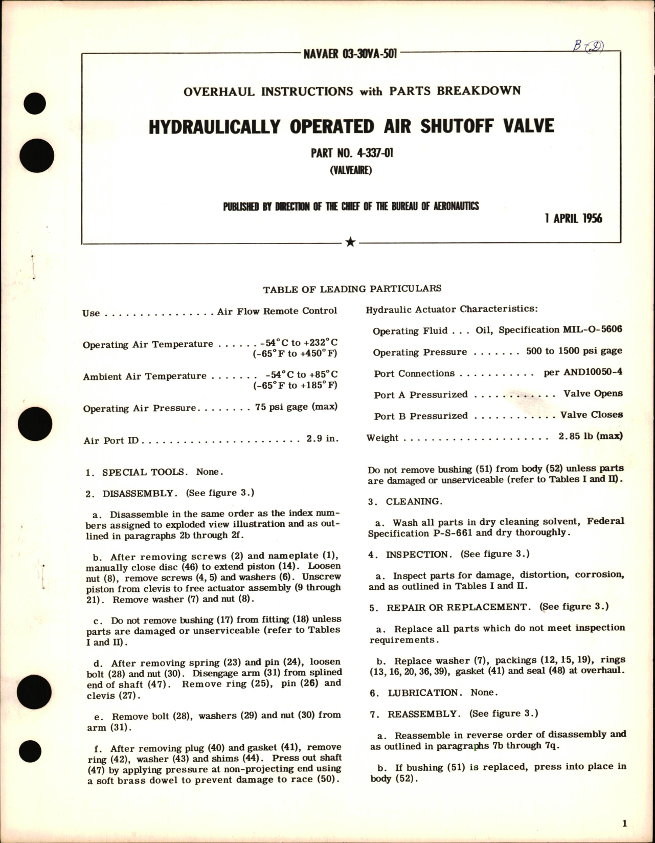Sample page 1 from AirCorps Library document: Overhaul Instructions with Parts Breakdown for Hydraulically Operated Air Shutoff Valve Part No. 4-337-01