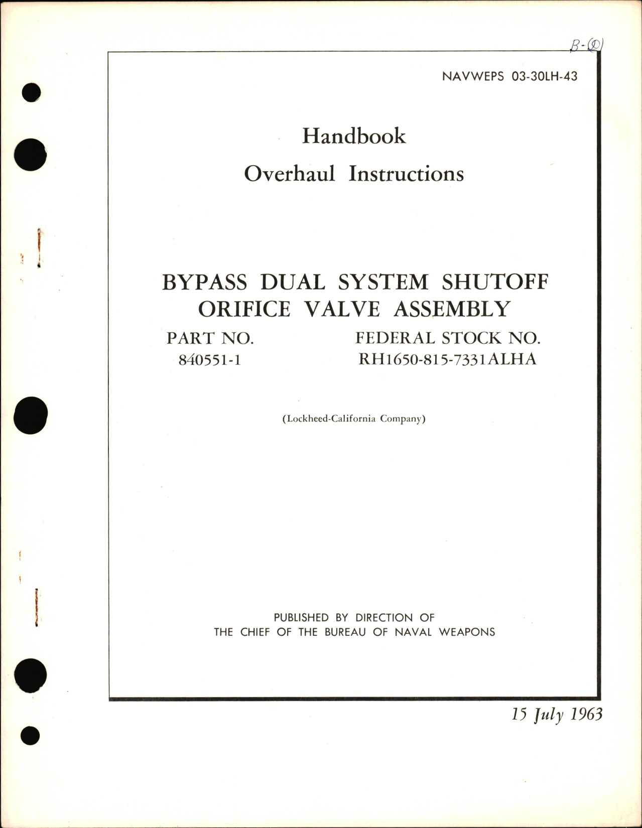 Sample page 1 from AirCorps Library document: Overhaul Instructions for Bypass Dual System Shutoff Orifice Valve Assembly Part No. 840551-1