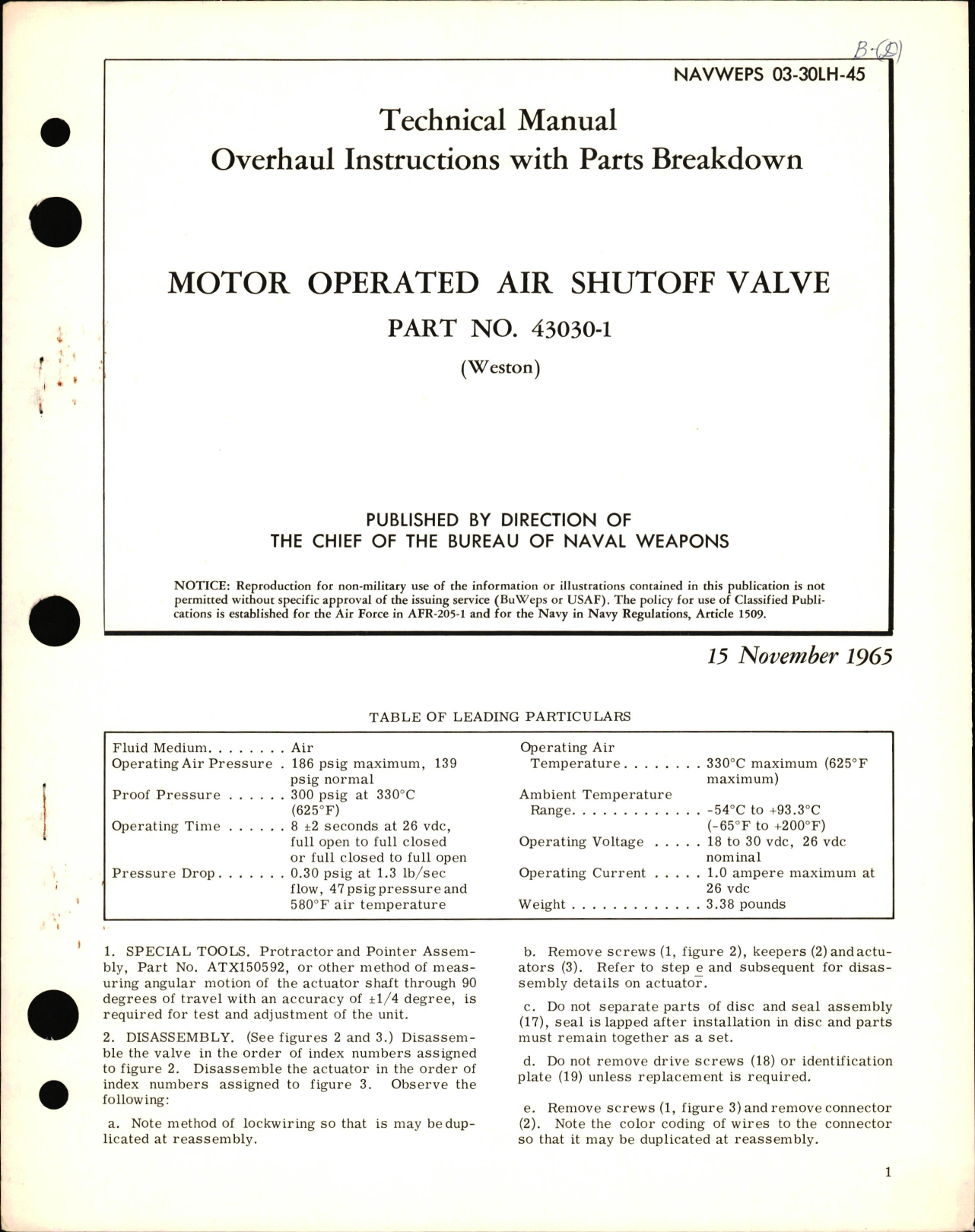 Sample page 1 from AirCorps Library document: Overhaul Instructions with Parts Breakdown for Motor Operated Air Shutoff Valve Part No. 43030-1