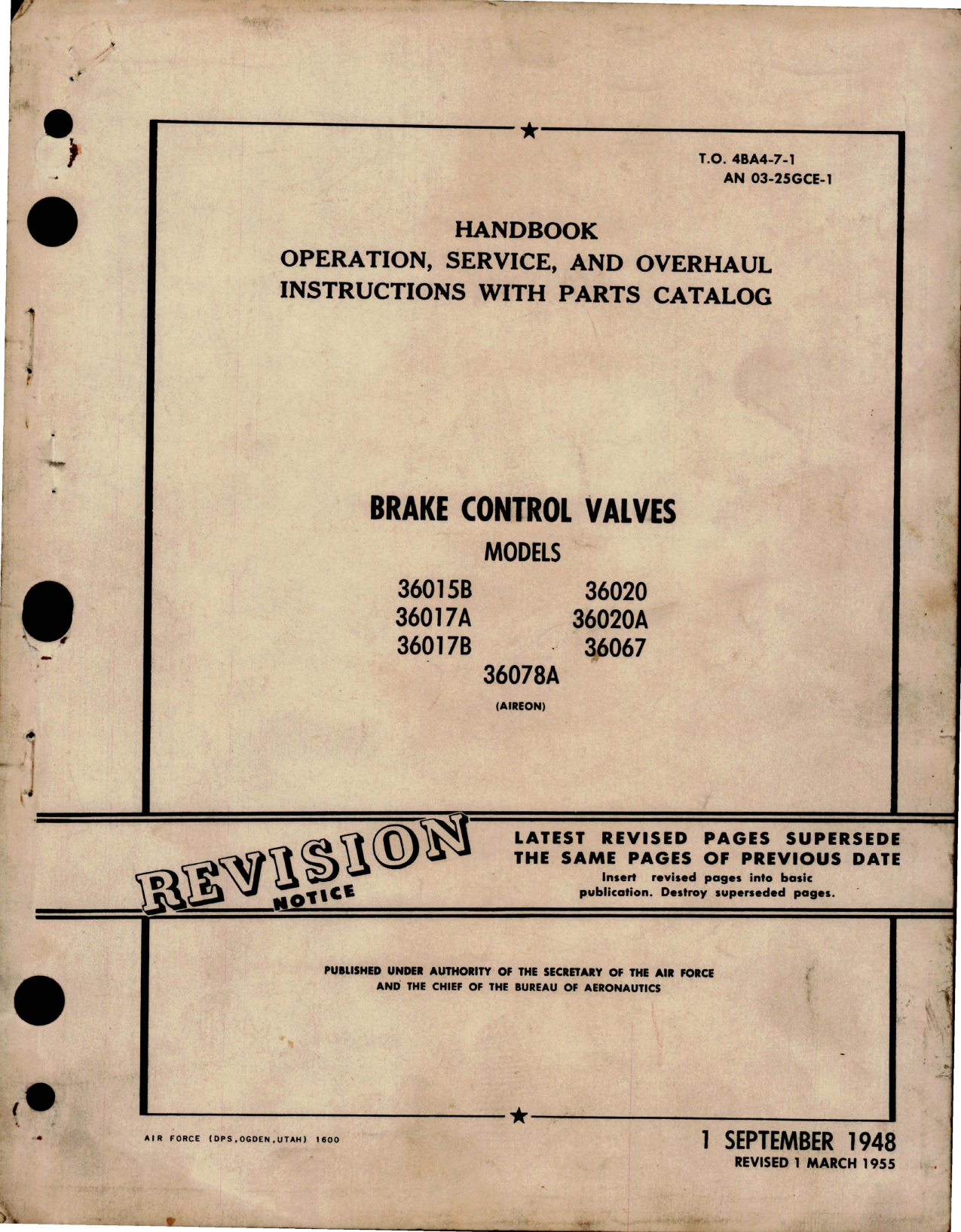 Sample page 1 from AirCorps Library document: Operation, Service, Overhaul Instructions with Parts Catalog for Brake Control Valves