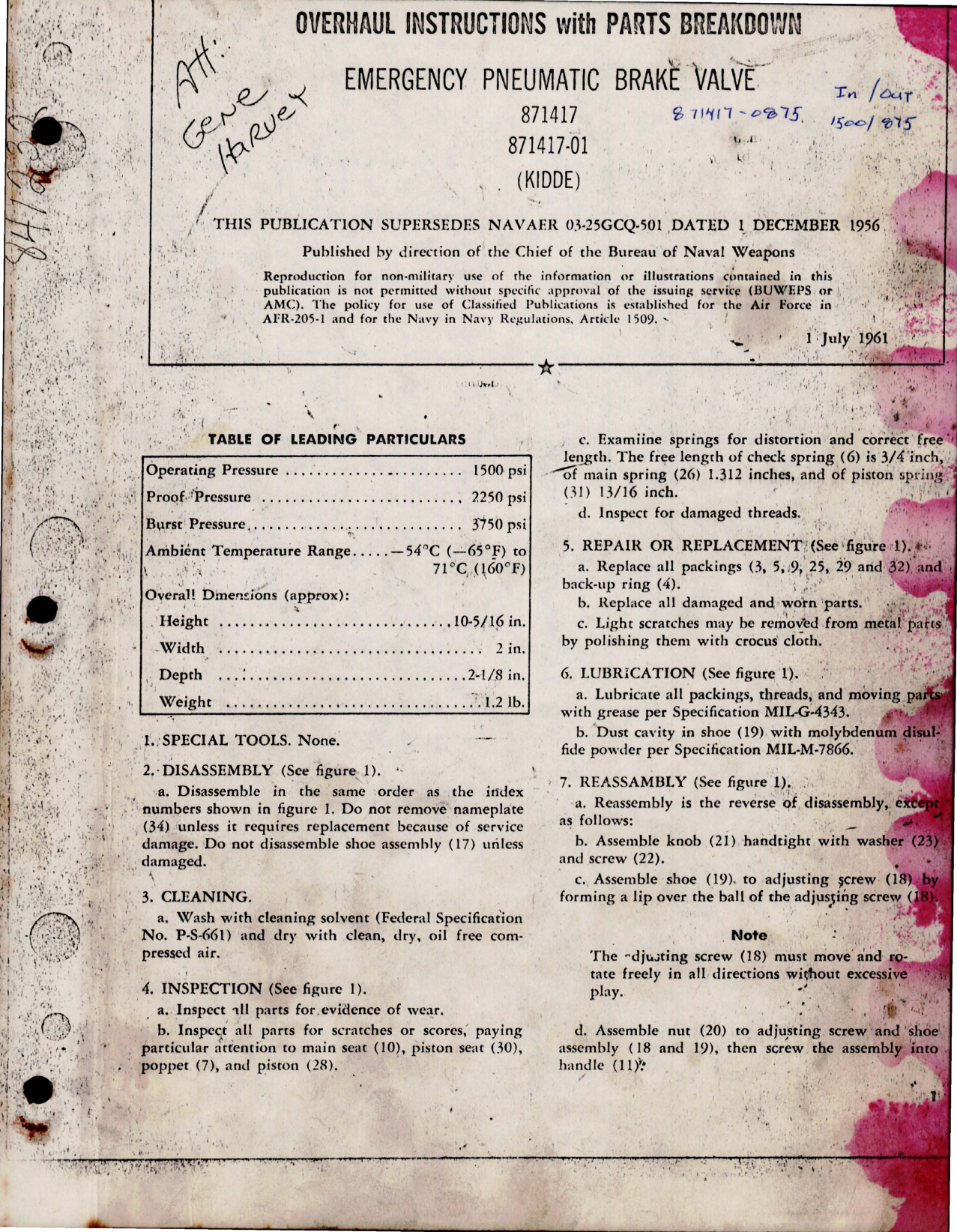 Sample page 1 from AirCorps Library document: Overhaul Instructions with Parts Breakdown for Emergency Pneumatic Brake Valve - 871417, 871417-01