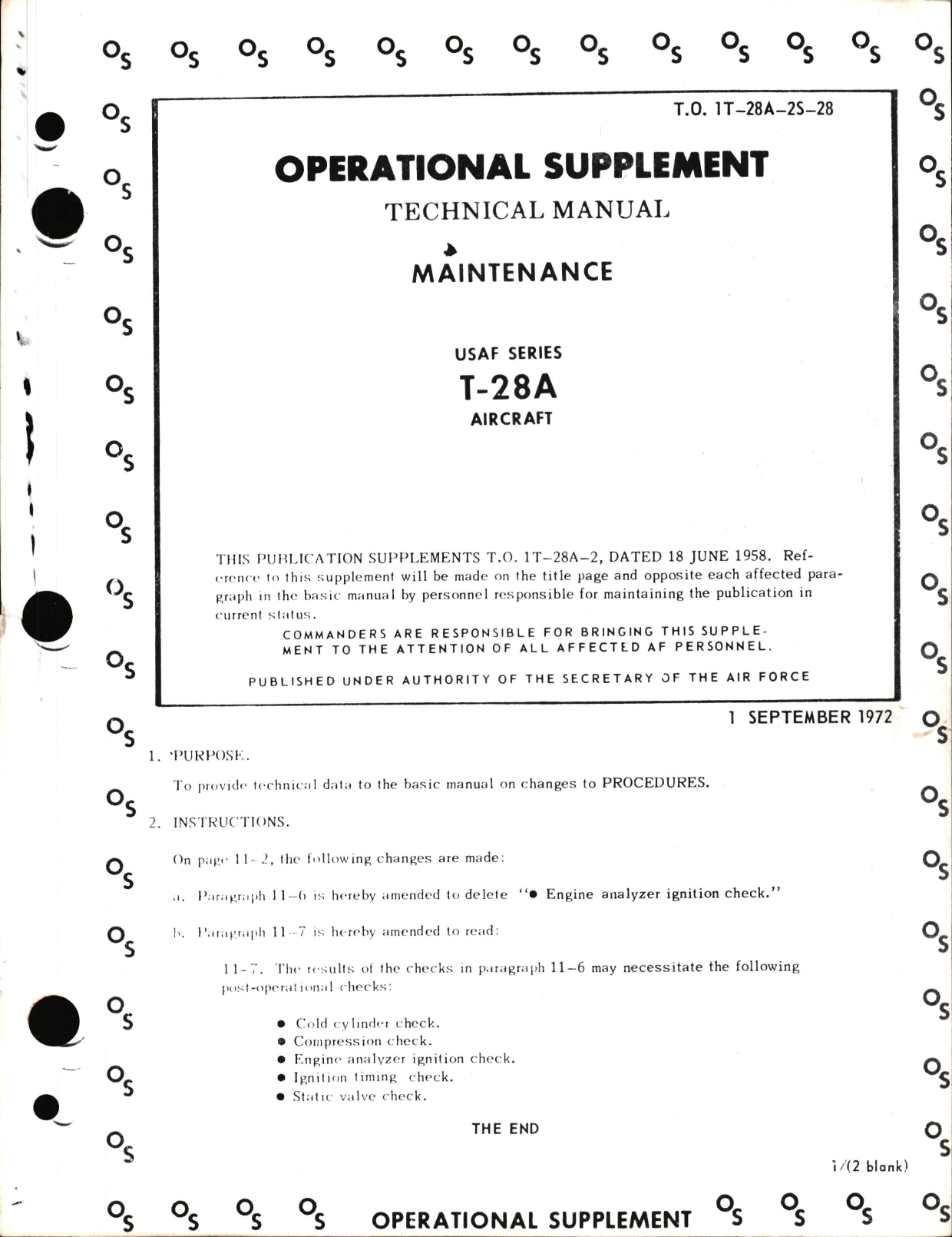 Sample page 1 from AirCorps Library document:  Operational Supplement to Maintenance Manual for USAF Series T-28A
