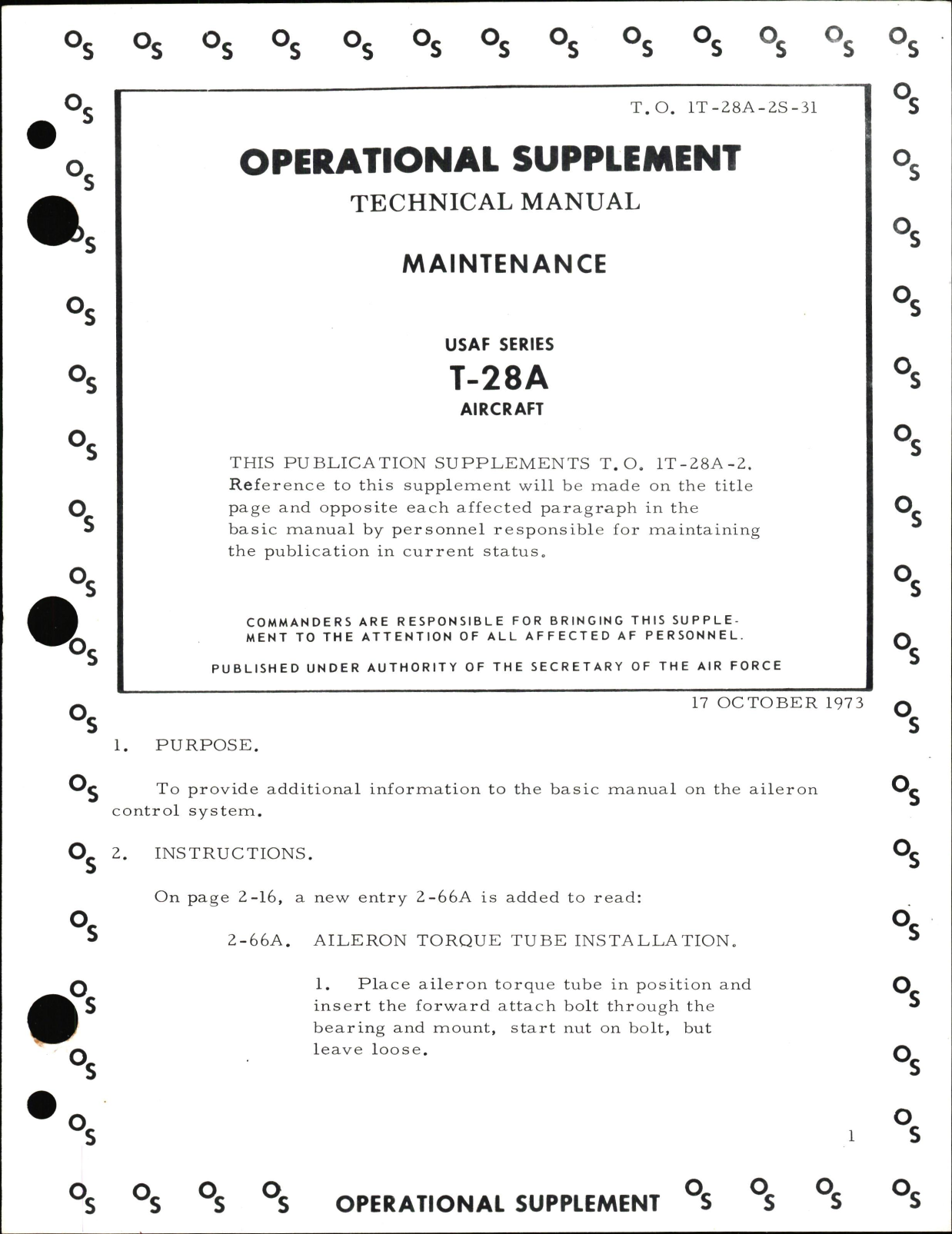 Sample page 1 from AirCorps Library document: Operational Supplement to Maintenance Manual for USAF Series T-28A