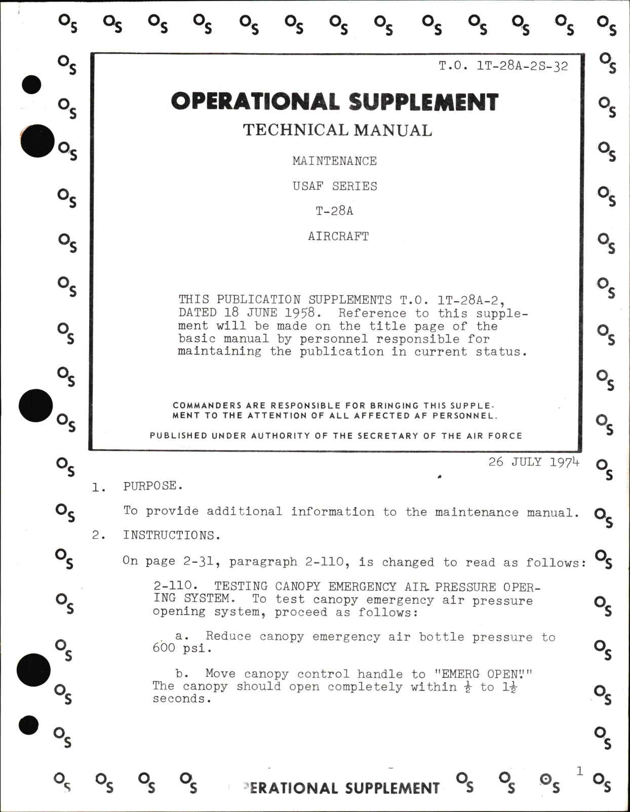 Sample page 1 from AirCorps Library document: Operational Supplement to Maintenance Manual for USAF Series T-28A