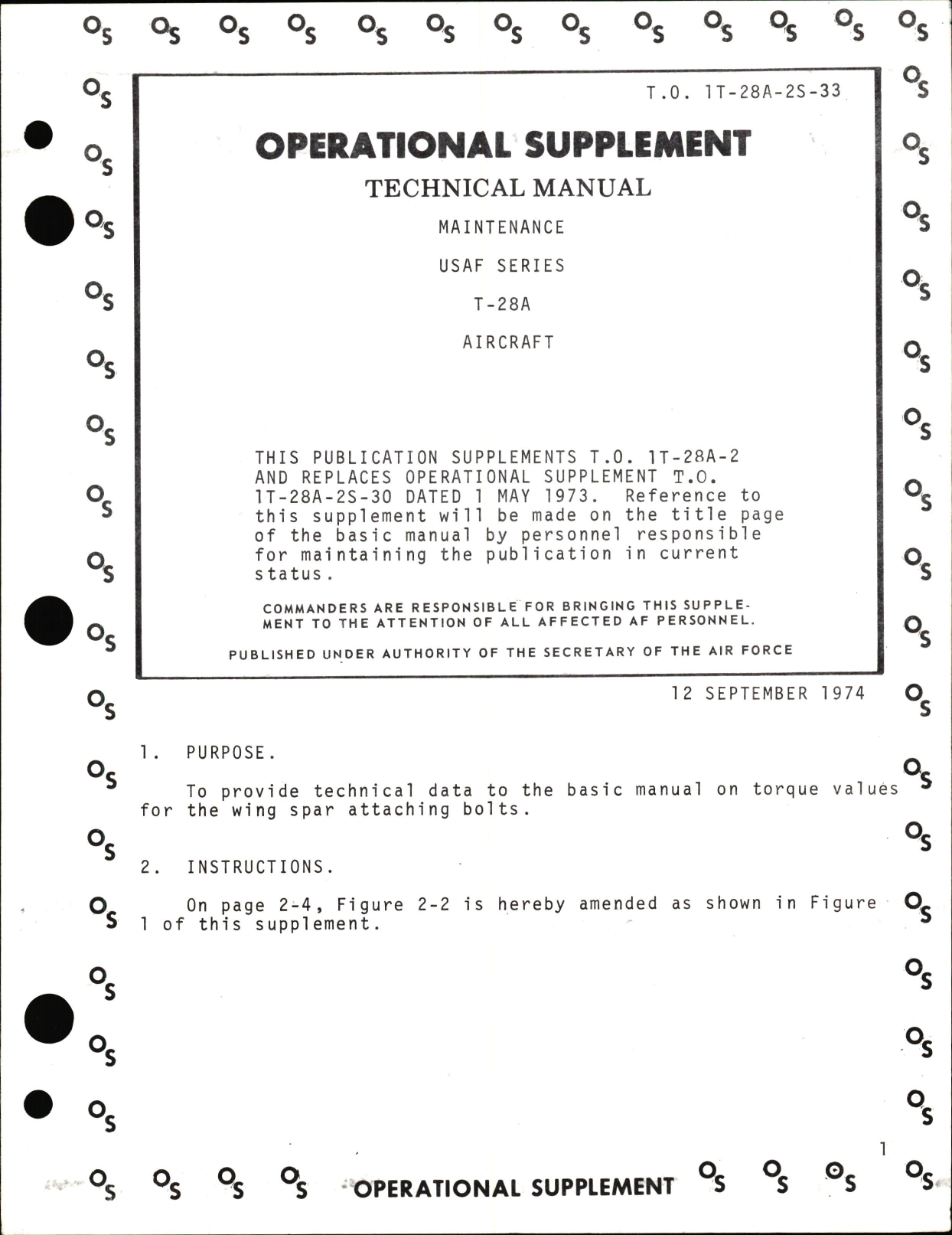 Sample page 1 from AirCorps Library document: Operational Supplement to Maintenance Manual for USAF Series T-28A