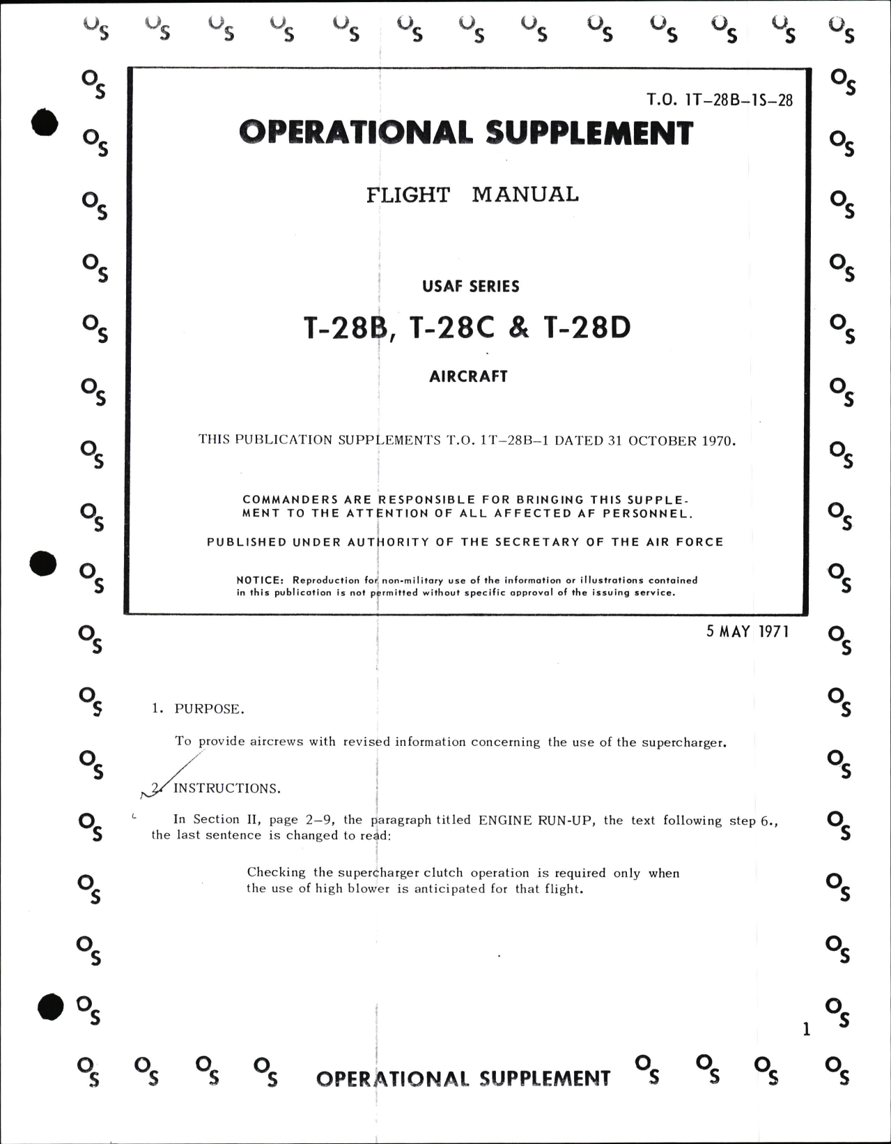 Sample page 1 from AirCorps Library document: Operational Supplement to Flight Manual for USAF Series T-28B, T-28C, T-28D
