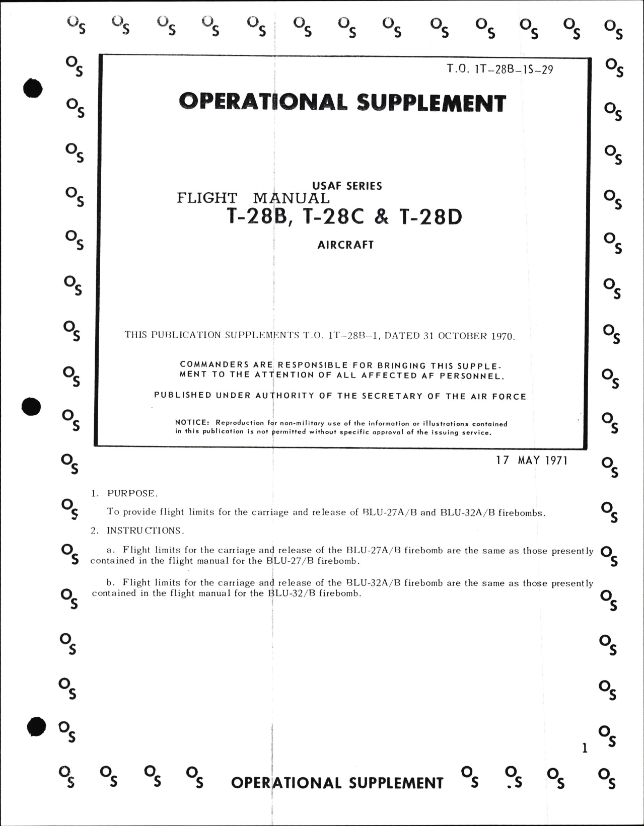 Sample page 1 from AirCorps Library document: Operational Supplement to Flight Manual for USAF Series T-28B, T-28C, T-28D