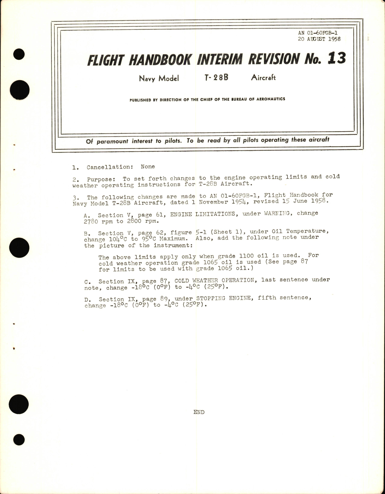 Sample page 1 from AirCorps Library document:  Flight Handbook Interim Revision 13 for the T-28B