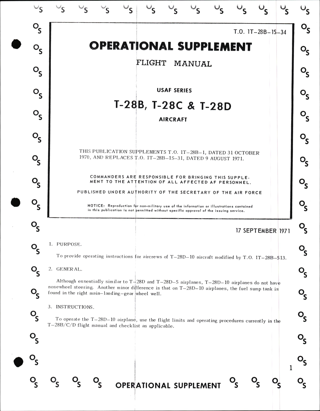 Sample page 1 from AirCorps Library document: Operational Supplement to Flight Manual for T-28B, T-28C, & T-28D