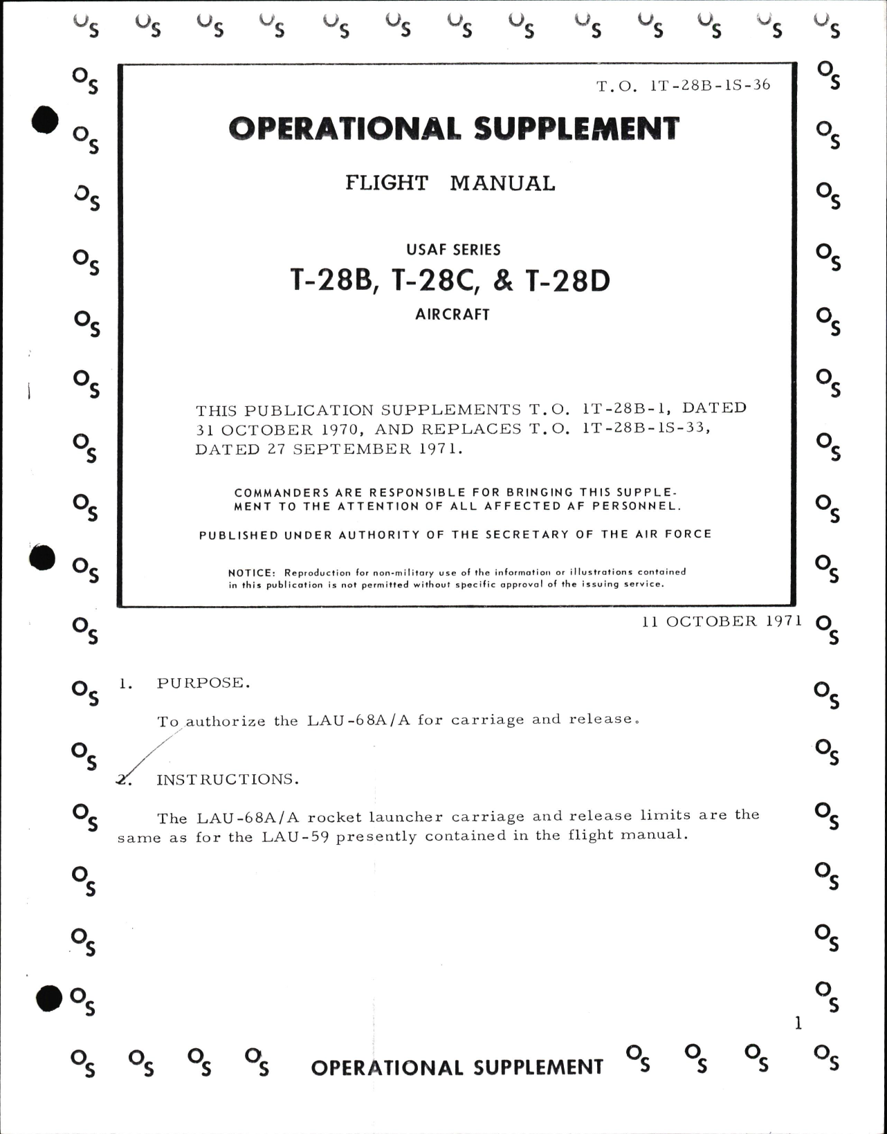 Sample page 1 from AirCorps Library document: Operational Supplement to Flight Manual for T-28B, T-28C, & T-28D