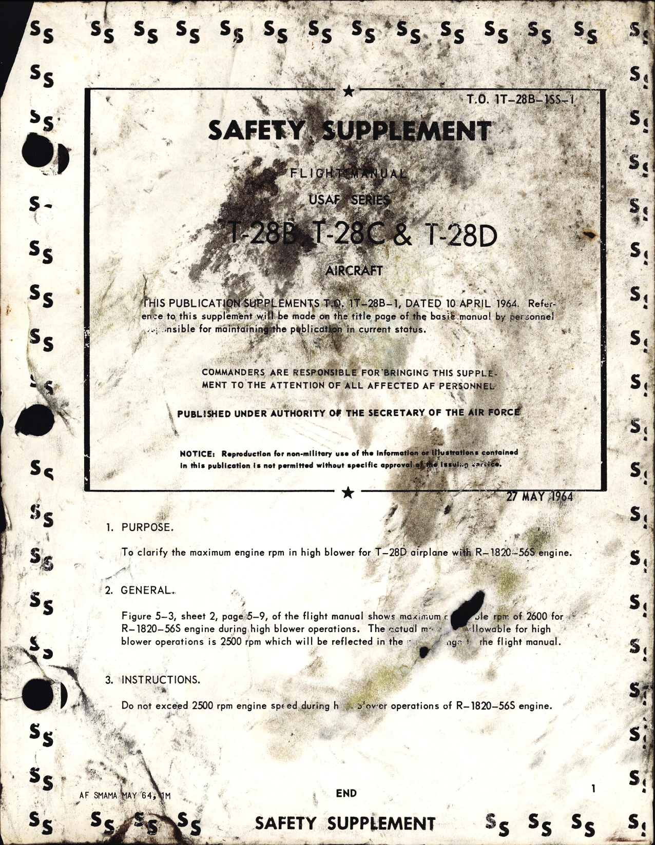 Sample page 1 from AirCorps Library document: Safety Supplement for Flight Manual for USAF Series T-28B, T-28C, &T-28D