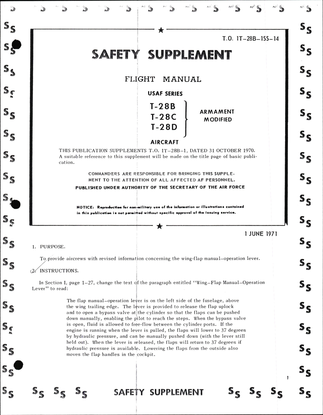 Sample page 1 from AirCorps Library document: Safety Supplement to Flight Manual for USAF Series Armament Modified T-28B, T-28C, & T-28D